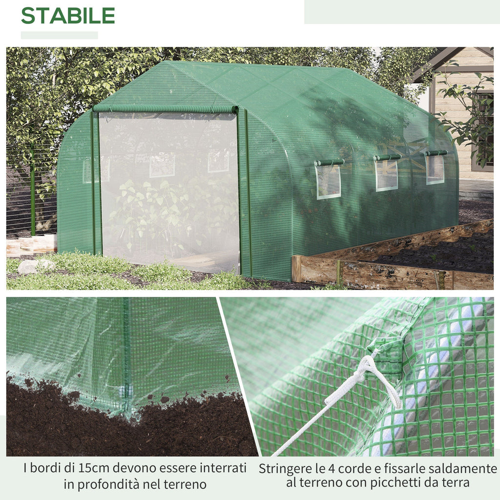 Tunnel Greenhouse with PE Cover and Steel Structure, Roll-Up Door and 6 Windows, 3.5x3x2m, Green - Borge' Group Limited