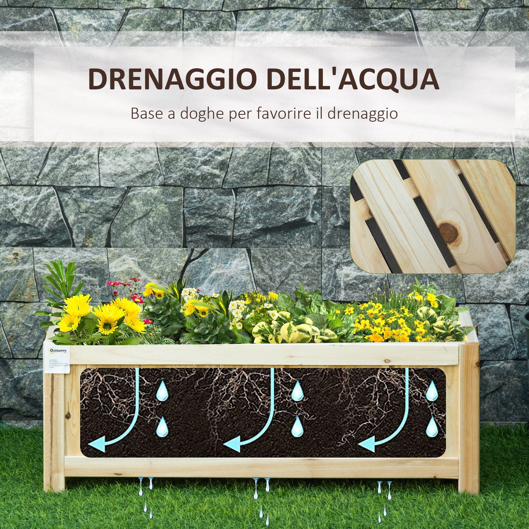 Foldable Outdoor Wooden Planter with Drainage Base, 70x30x25cm - Borge' Group Limited