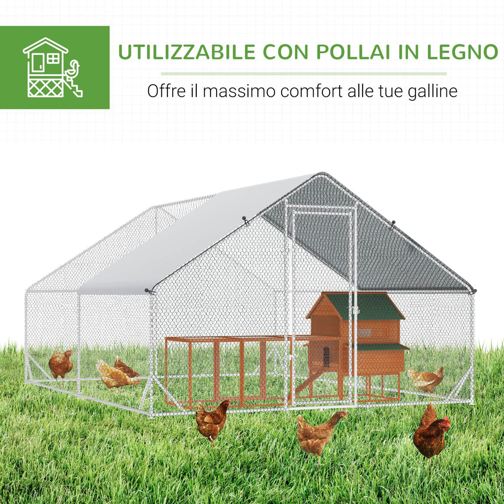 Garden Chicken Coop with Galvanized Frame, Waterproof Cover and Hexagonal Netting, 3x4x2 m, Silver - Borge' Group Limited