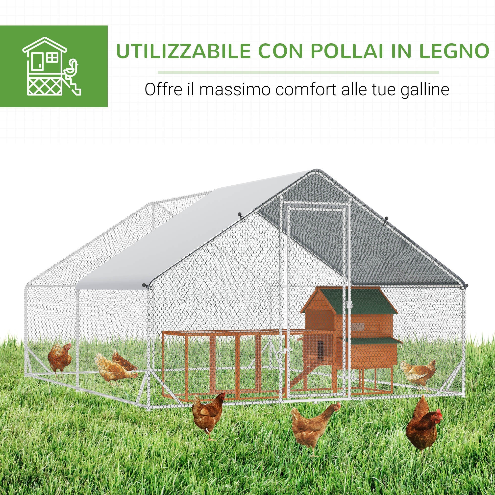 Garden Chicken Coop with Galvanized Frame, Waterproof Cover and Hexagonal Netting, 3x4x2 m, Silver - Borge' Group Limited