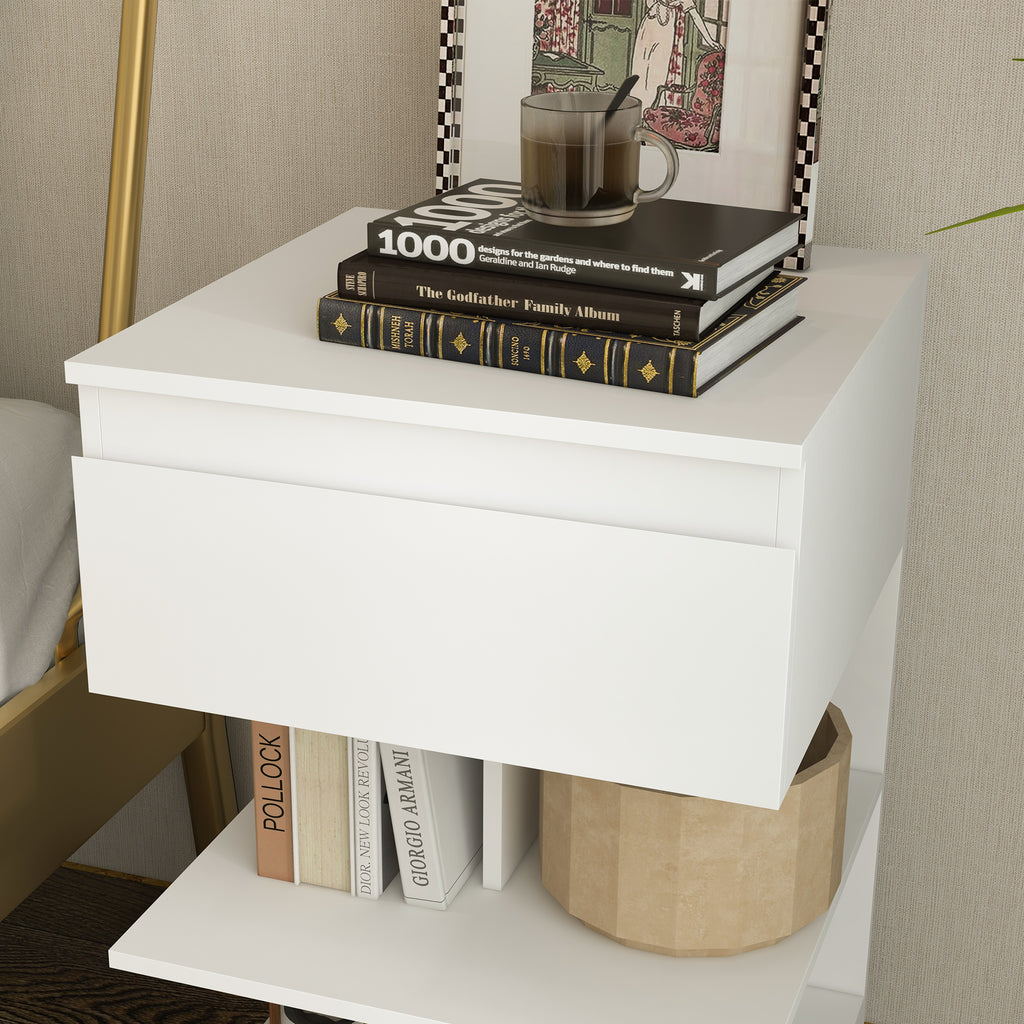 Homcom modern bedside table in chipboard and mdf with a drawer and 2 shelves, 39x39x65 cm, white - Borgè
