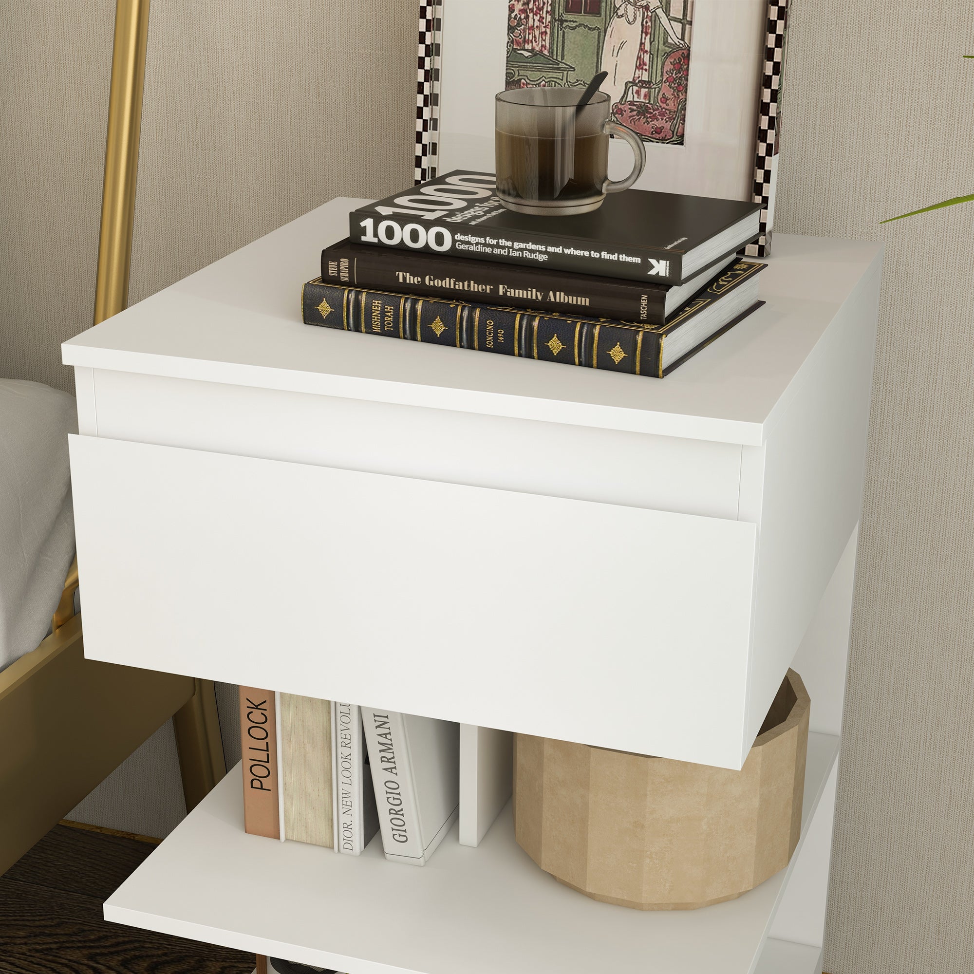 Homcom modern bedside table in chipboard and mdf with a drawer and 2 shelves, 39x39x65 cm, white - Borgè