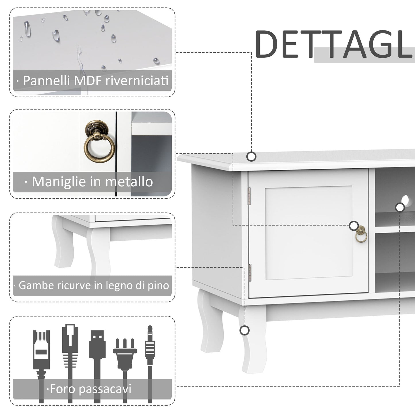 Mobile Low TV Door, opaque white, 120x45x50cm for TV up to 50 '' - Borgè