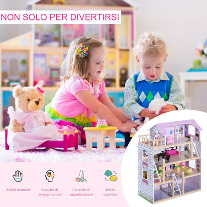 House of Children's Dolls 3+ Years in Pino wood and 4 -storey MDF with 13 accessories, pink, 60x30x80 cm - Borgè