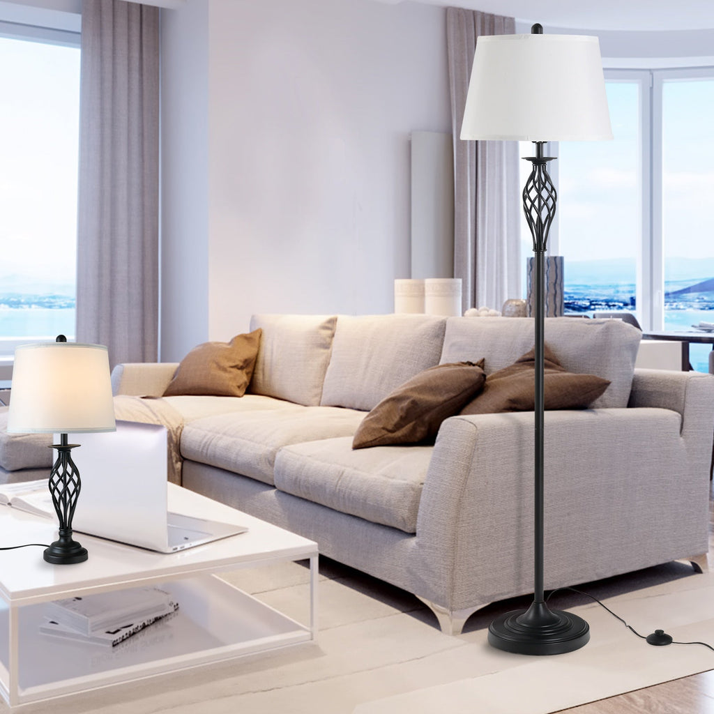 set 3 pieces: 1 ground lamp and 2 metal table lamps, vintage design, E27 bulbs, black and white - Borgè