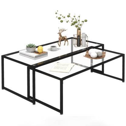 Coffee tables stackable in tempered glass and steel with Black Frame for living room - Borgè