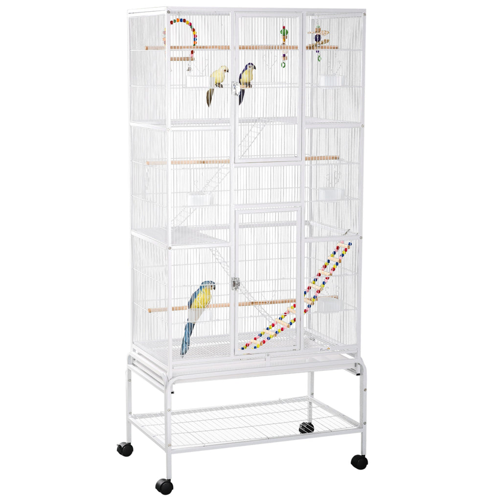 Bird Cage in Steel and PP with Perches, Toys, Food Containers and Tray, 83x53x180 cm, White - Borge' Group Limited