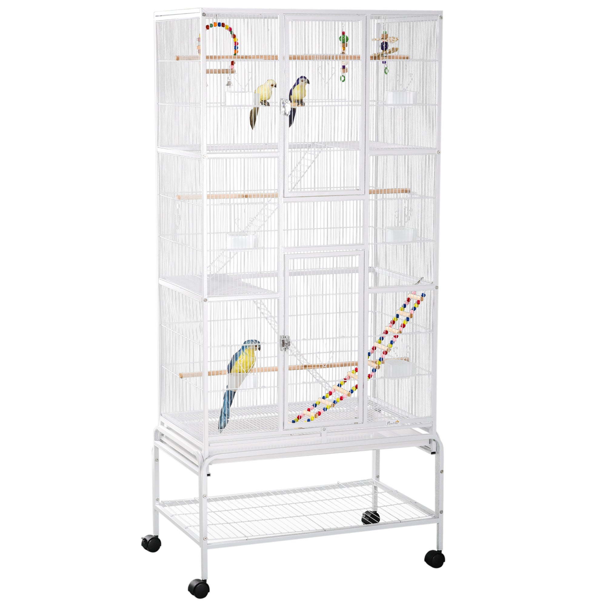 Bird Cage in Steel and PP with Perches, Toys, Food Containers and Tray, 83x53x180 cm, White - Borge' Group Limited