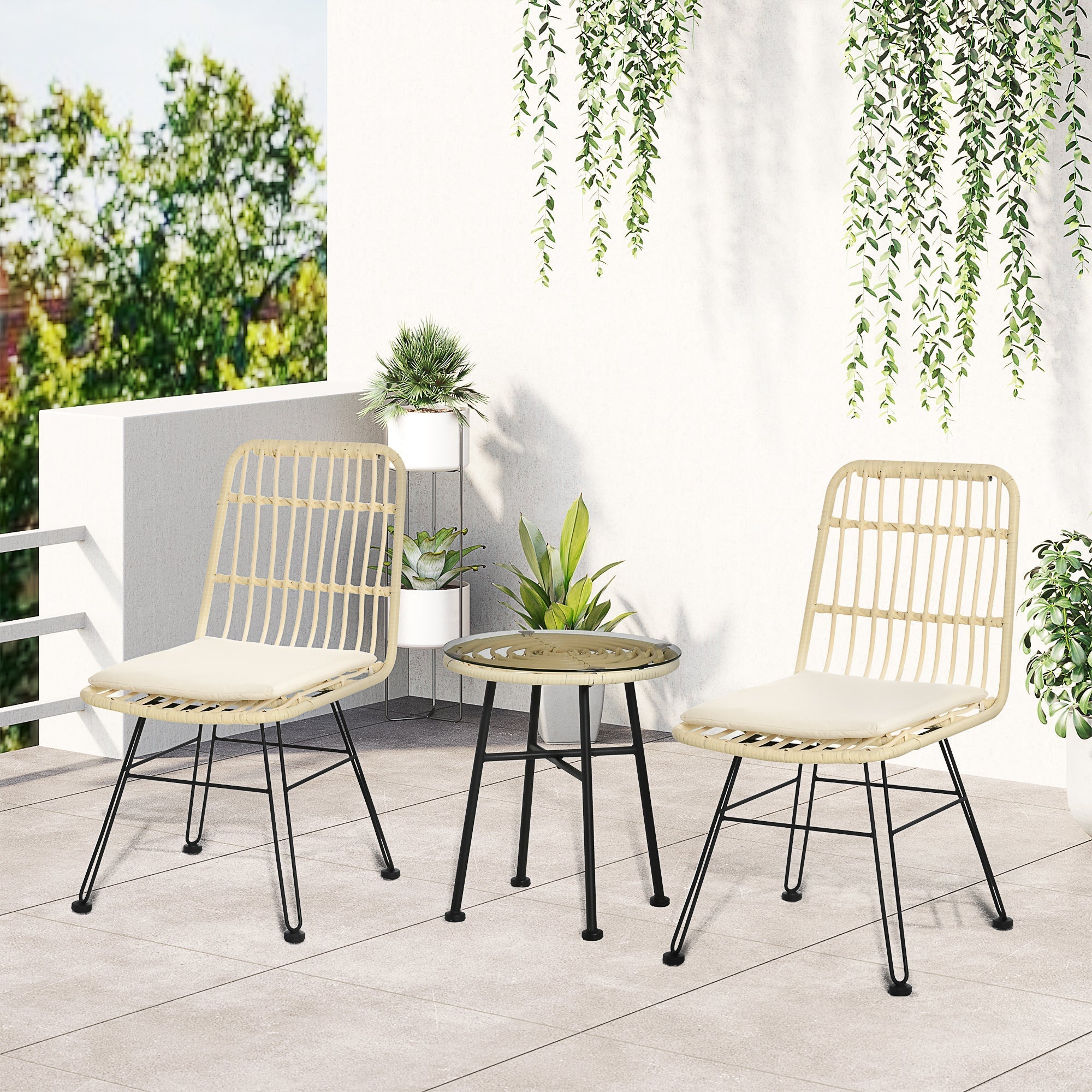3-Piece Outdoor Garden Furniture Set with Table and Chairs in PE Rattan, Polyester and Steel, Cream - Borge' Group Limited