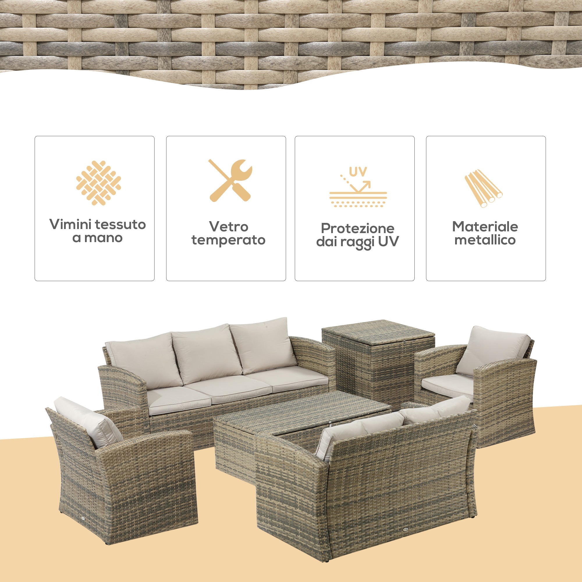 Garden Furniture Set 6 Piece Rattan Garden Furniture Set with Sofas, Armchairs and Storage Tables, Beige - Borge' Group Limited