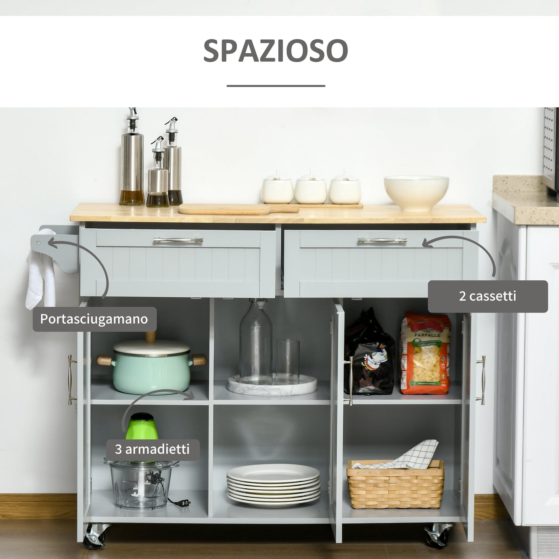 VERA | Multipurpose Wooden Kitchen Trolley with 2 Drawers, 3 Doors and 4 Wheels 121x46x91cm, Grey - Borgè