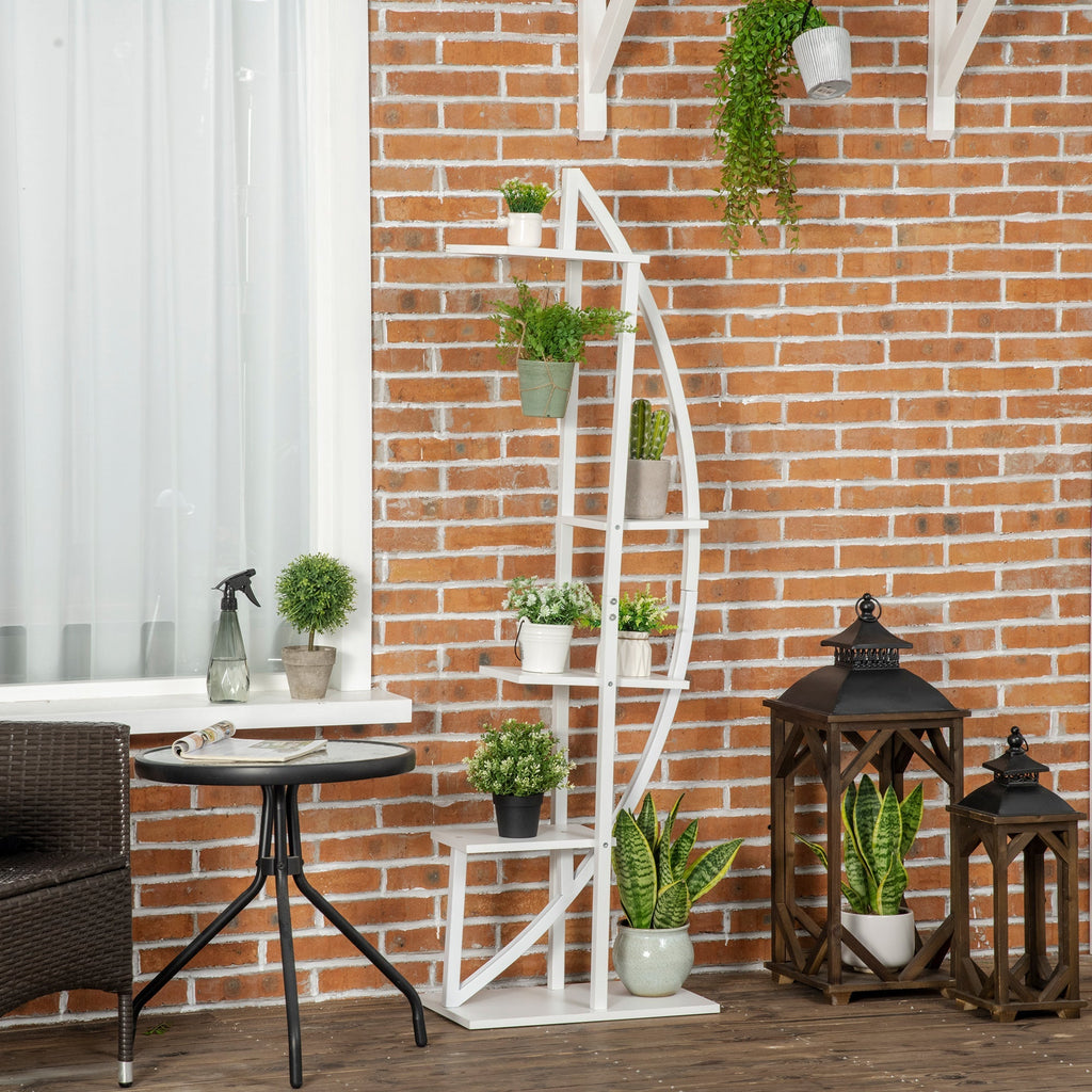 5-Tier Crescent-Shaped Indoor/Outdoor MDF and Steel Flower Stand, 50x30x160cm, White - Borge' Group Limited