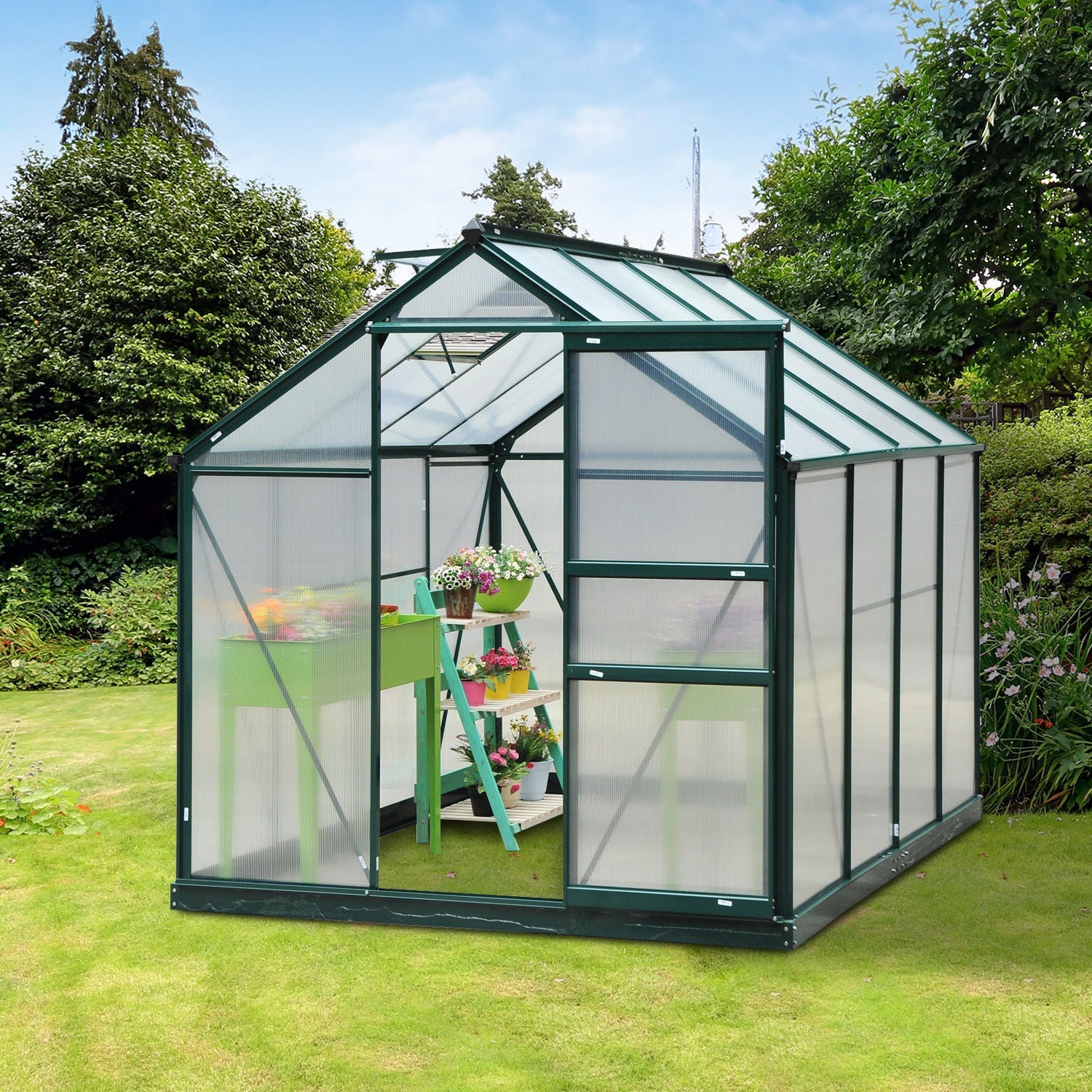 Anti-UV Polycarbonate Garden Greenhouse with Window and Sliding Door, 190x252x201cm - Borge' Group Limited