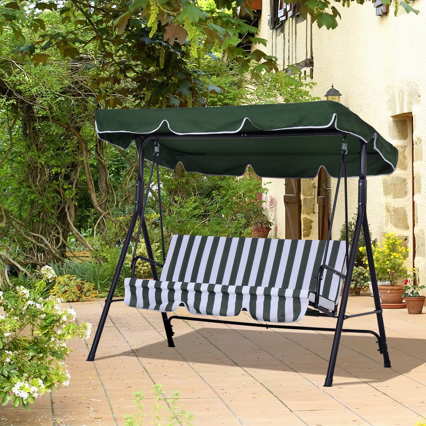 3 -seater garden rocking outsunny with roof and green and white striped steel structure - Borgè