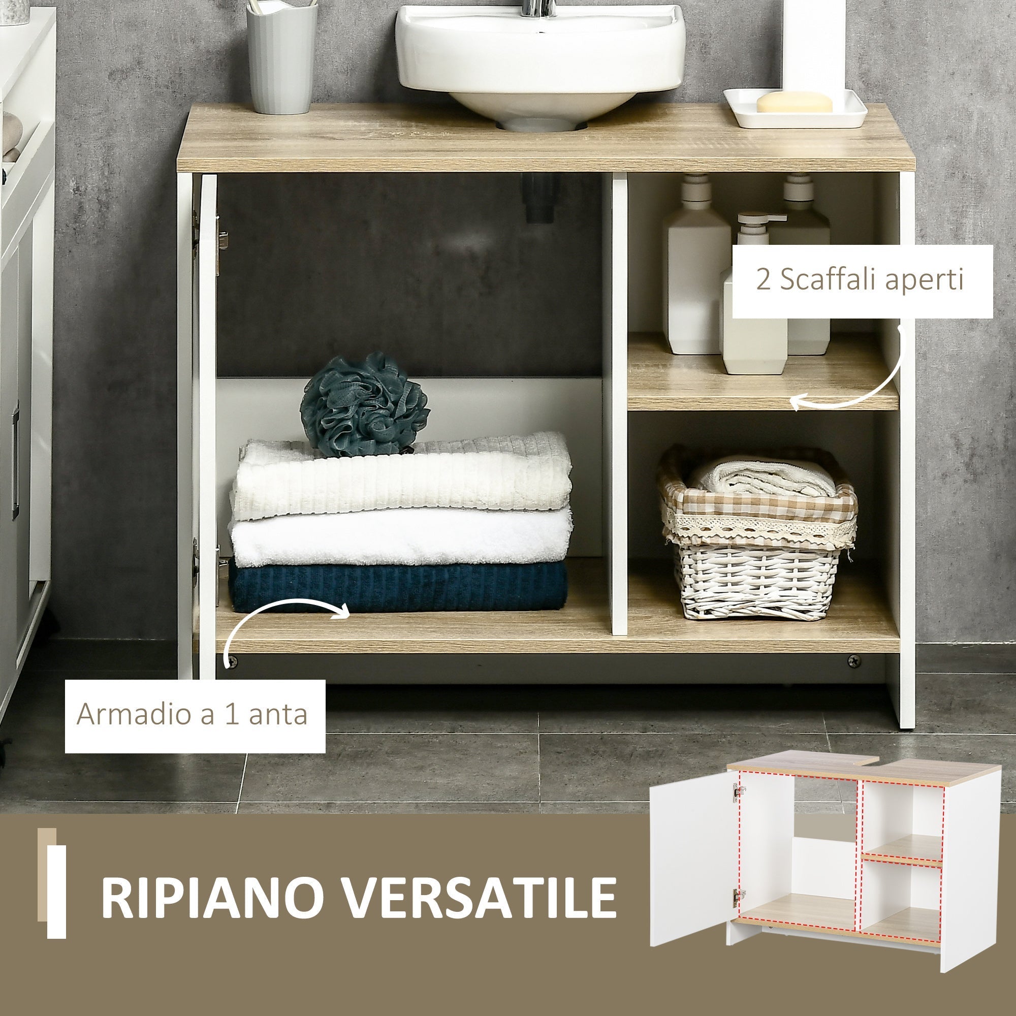 White with Wooden Top Bathroom Vanity | 77 x 45 x 60cm - Borgè