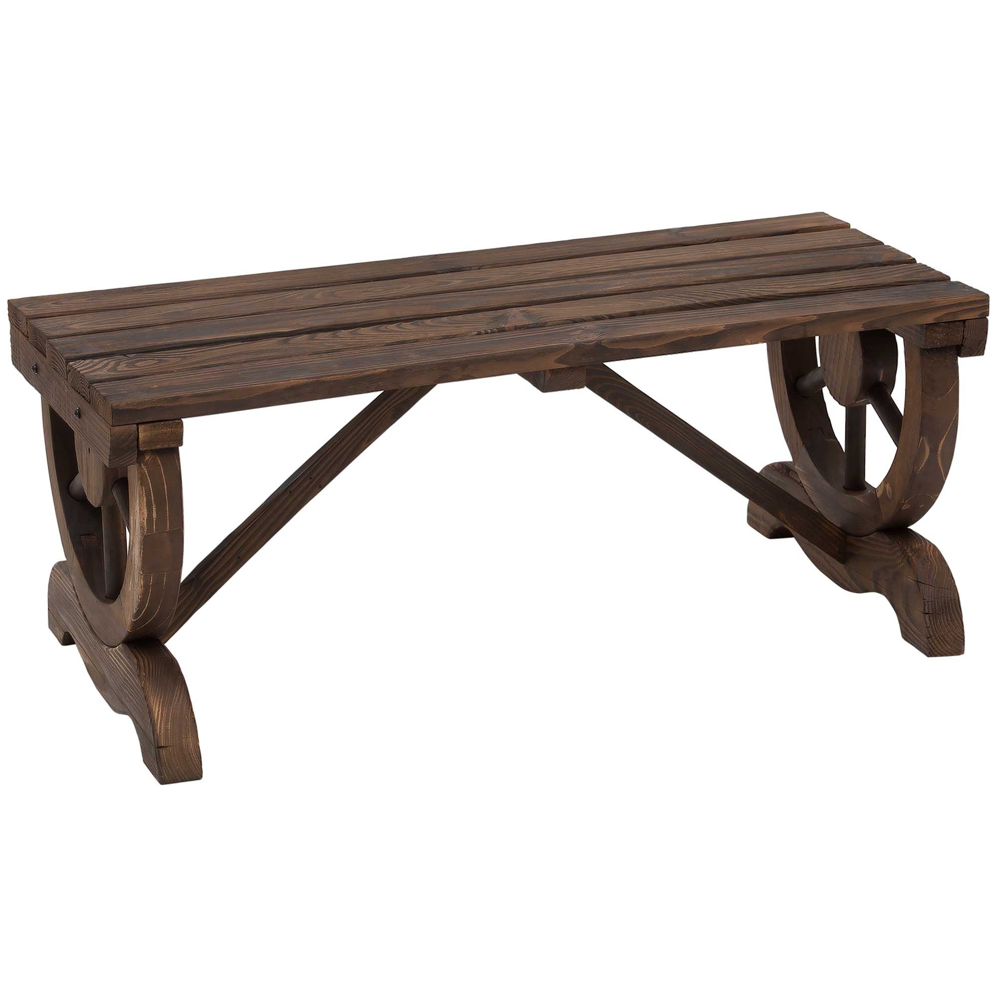 Outsunny 2 -seater bench with fir wood with burnt effect (98x50x39.5cm) legs with wheel design (Ø41cm) - Borgè