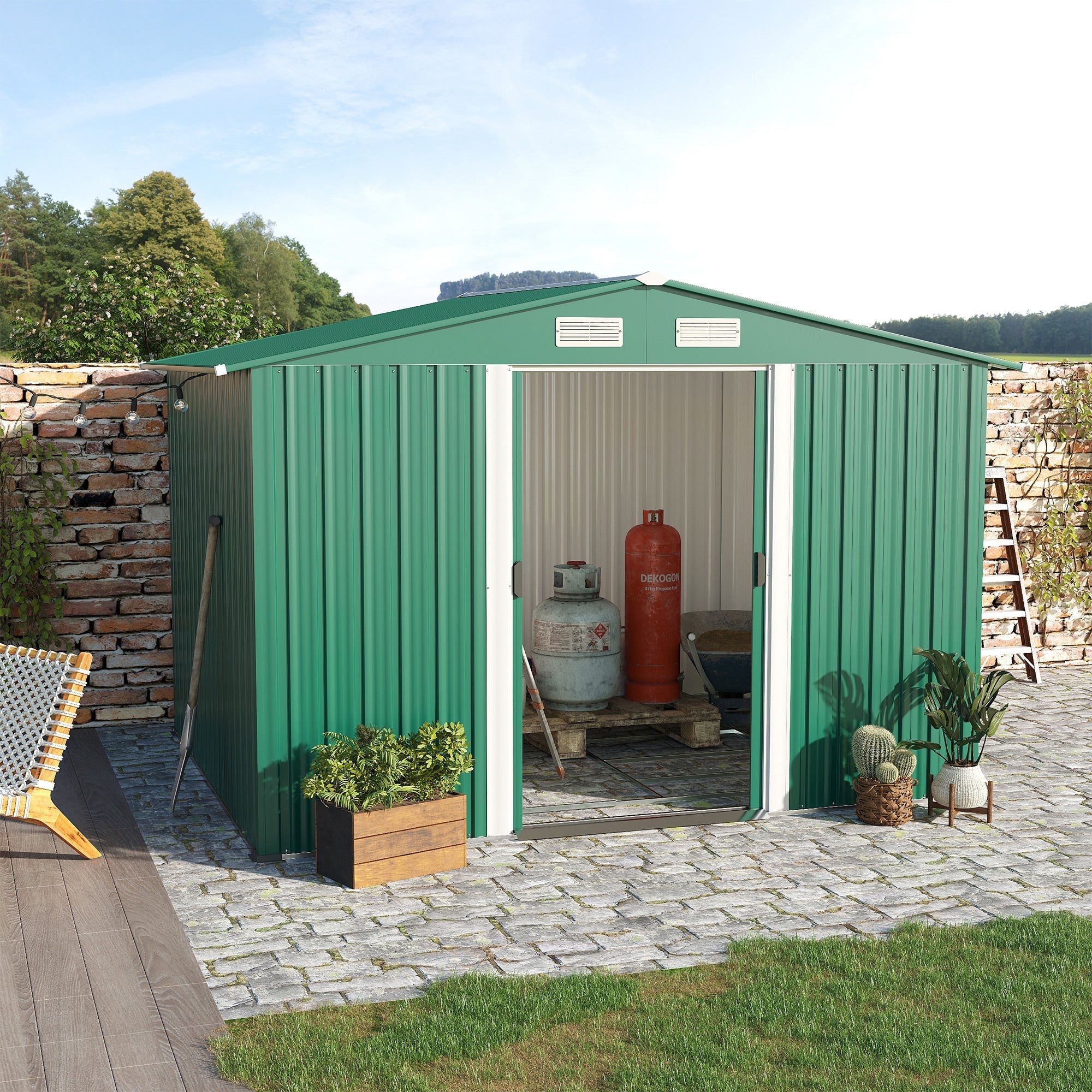 Steel Sheet Garden Tool Shed, Steel Garden Shed with Structure Base and Sliding Doors, 258x206x178cm, Green - Borge' Group Limited