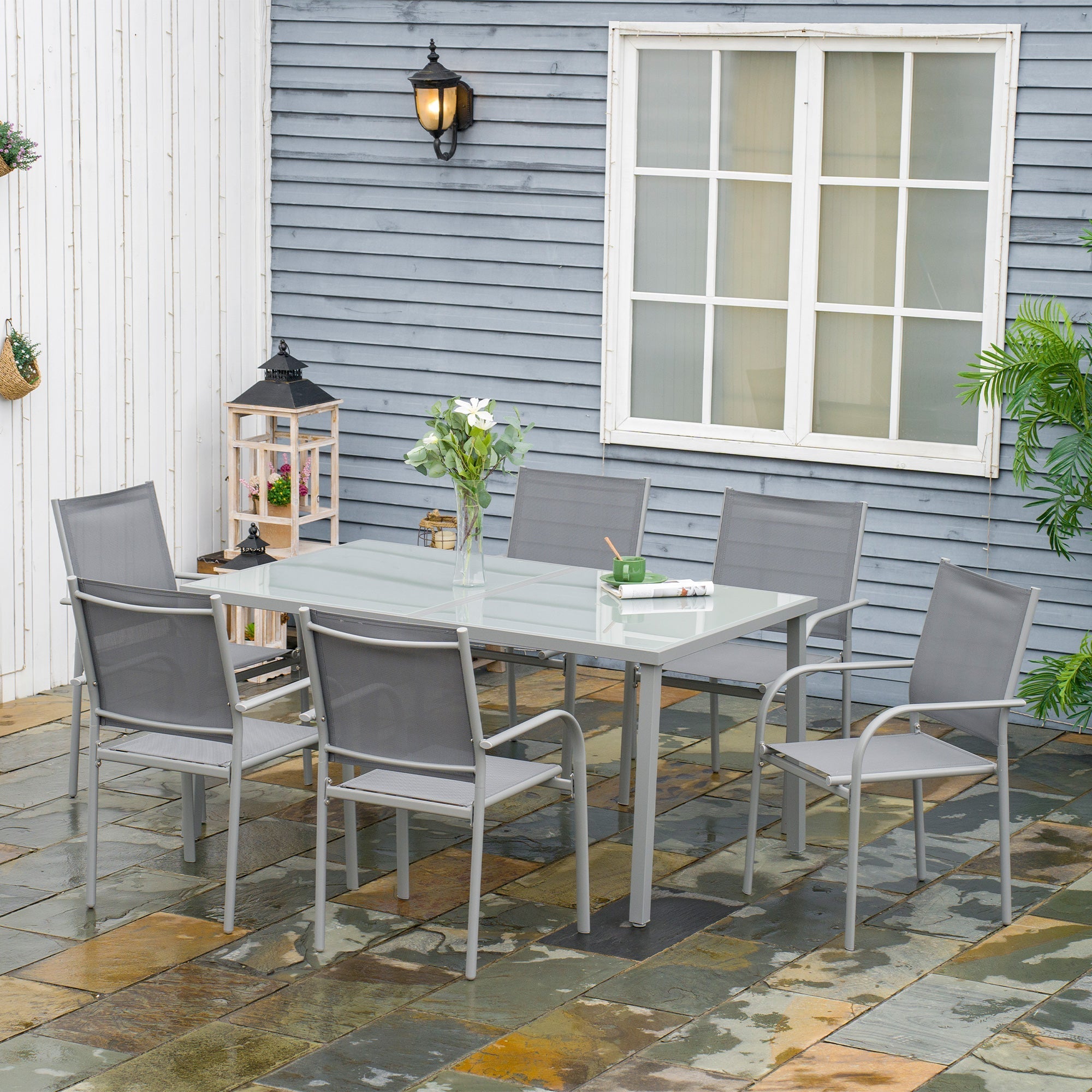 Garden Set with Tempered Glass Table and 6 Chairs with Mesh Fabric, Grey - Borge' Group Limited