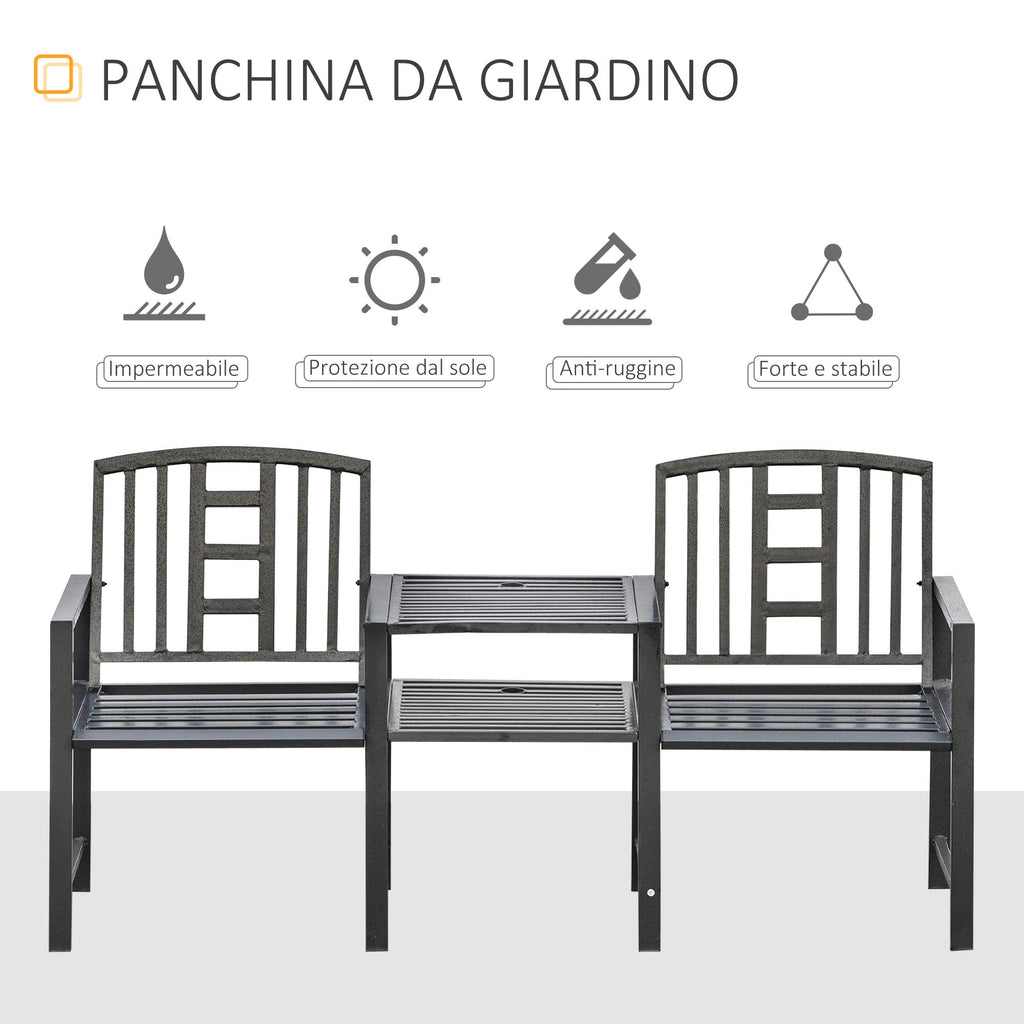 Modern 2-Seater Garden Bench with Table and Umbrella Hole Outdoor Furniture 165x56x85.5cm Black - Borge' Group Limited