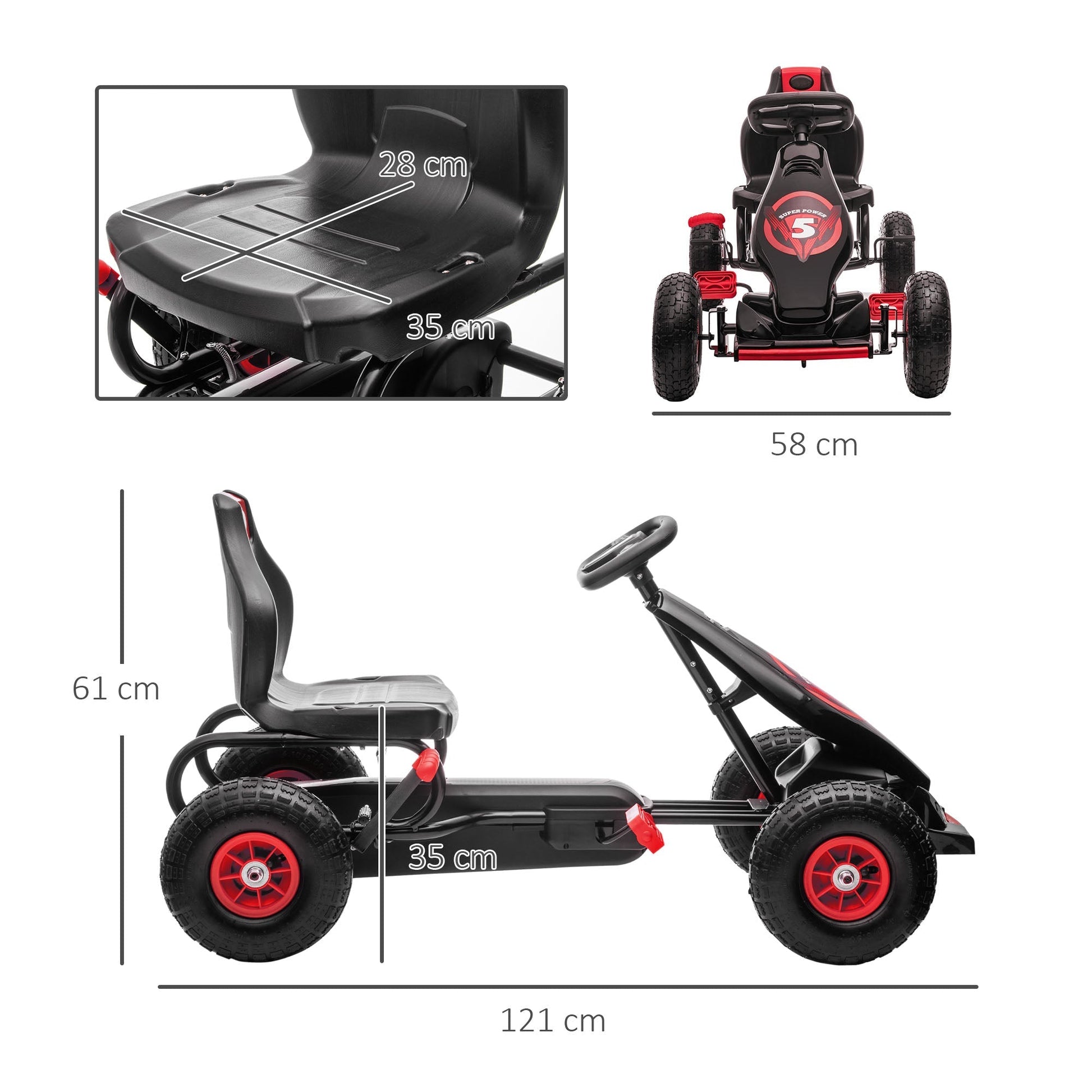 Go Kart Pedals for Children from 5-12 Years with Adjustable Seat and Inflatable Wheels, Red - Borgè