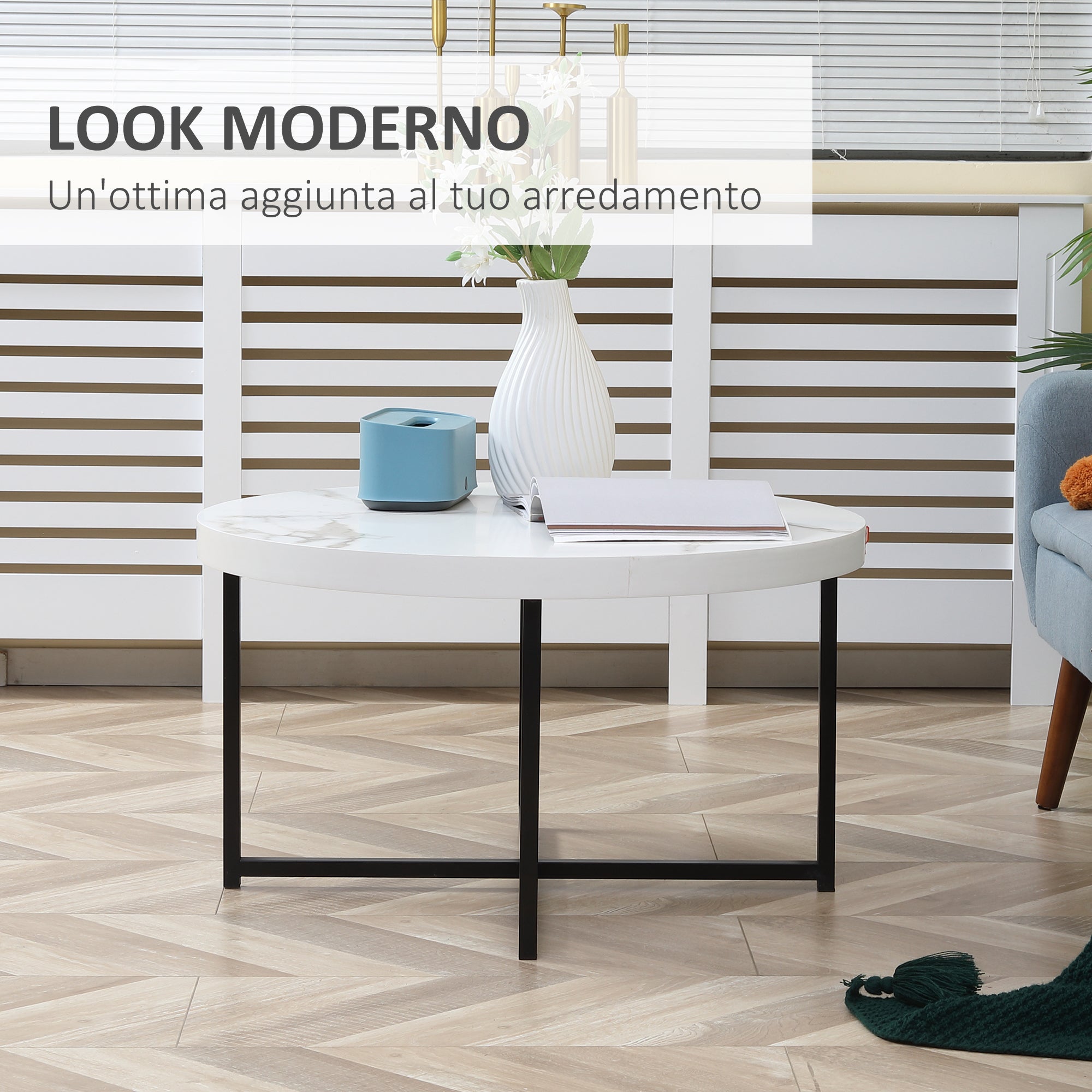 Round coffee coffee table with marble effect in mdf and metal legs, φ80x45 cm, white - Borgè