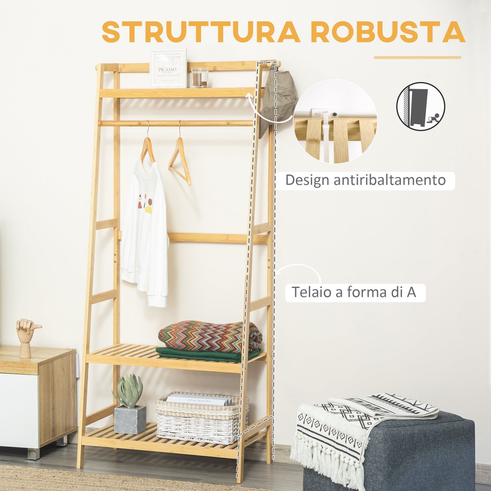 hanger in bamboo wood from the ground with shelves, 70x42x164cm, wood color - Borgè