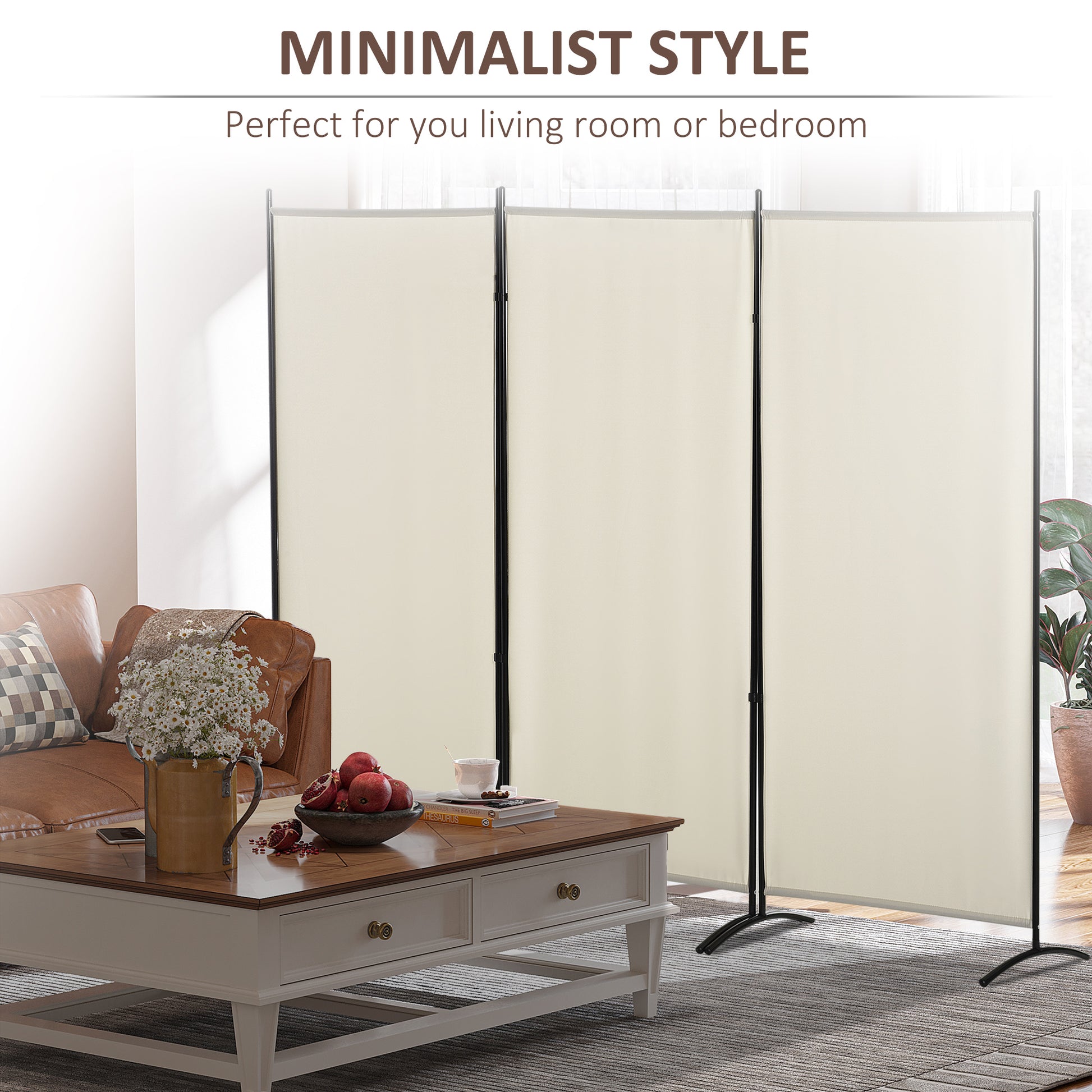 Indoor 3-Panel Folding Metal and Polyester Indoor Room Divider, 253x50x182cm, Beige - Borgè