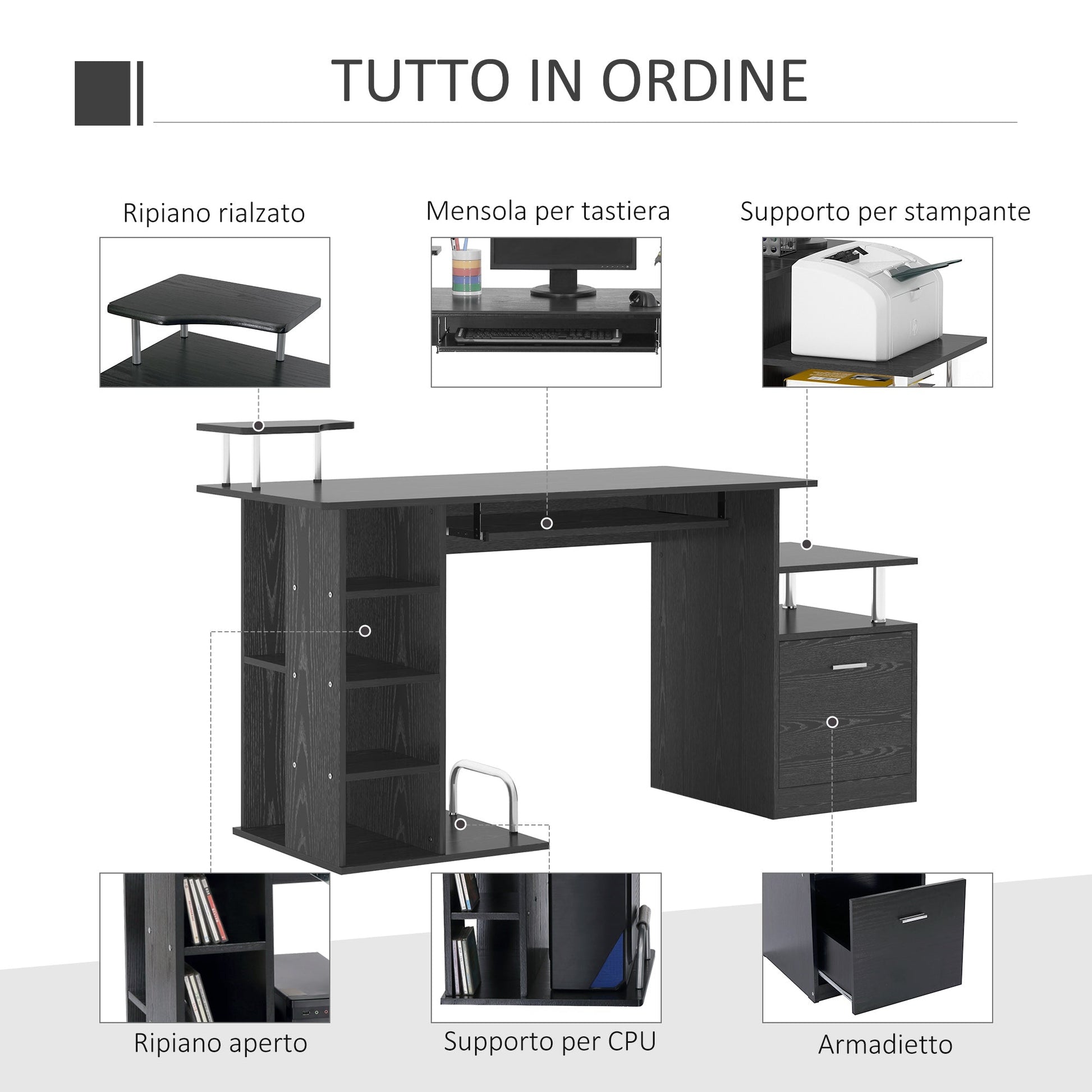 Desk for modern computer with drawers, shelves and removable keyboard, office desk for black wooden wood 152x60x88cm - Borgè