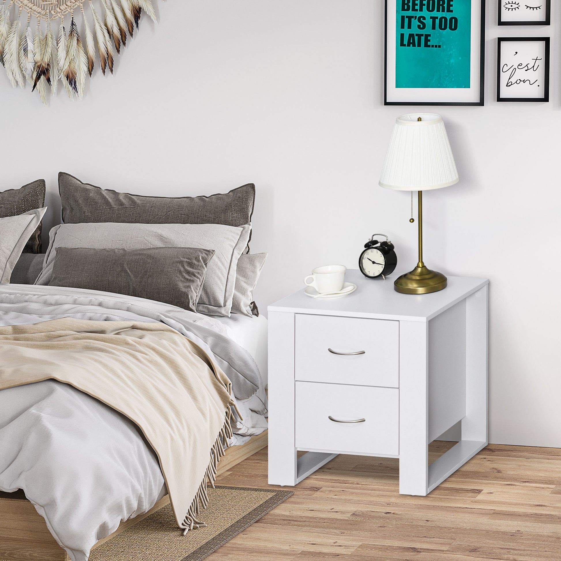 Homcom Modern wooden bedside table with 2 drawers per bedroom, 48x39x54cm, white - Borgè