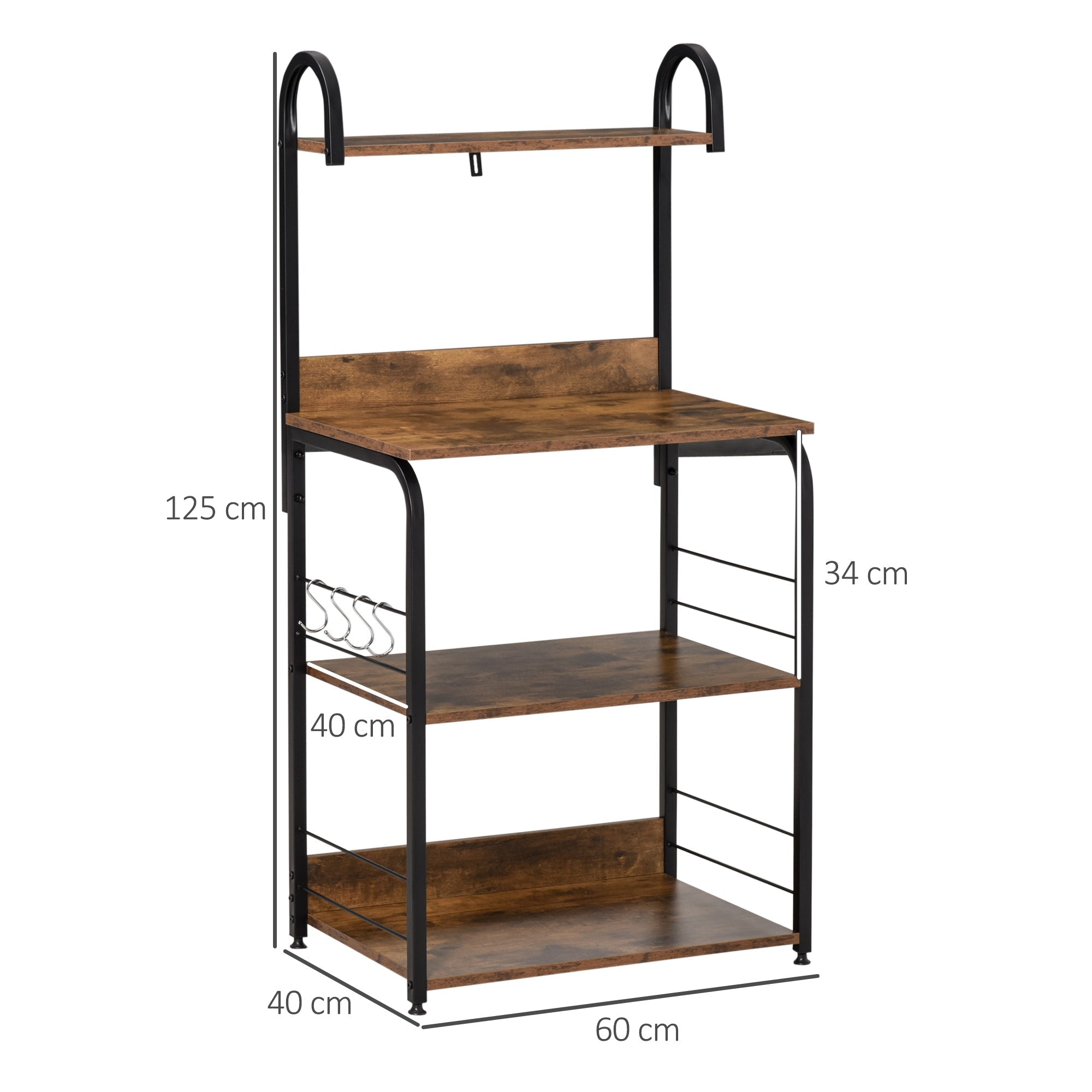Kitchen Mobile 4 shelves and steel hooks and wood 60x40x125cm, wood - Borgè