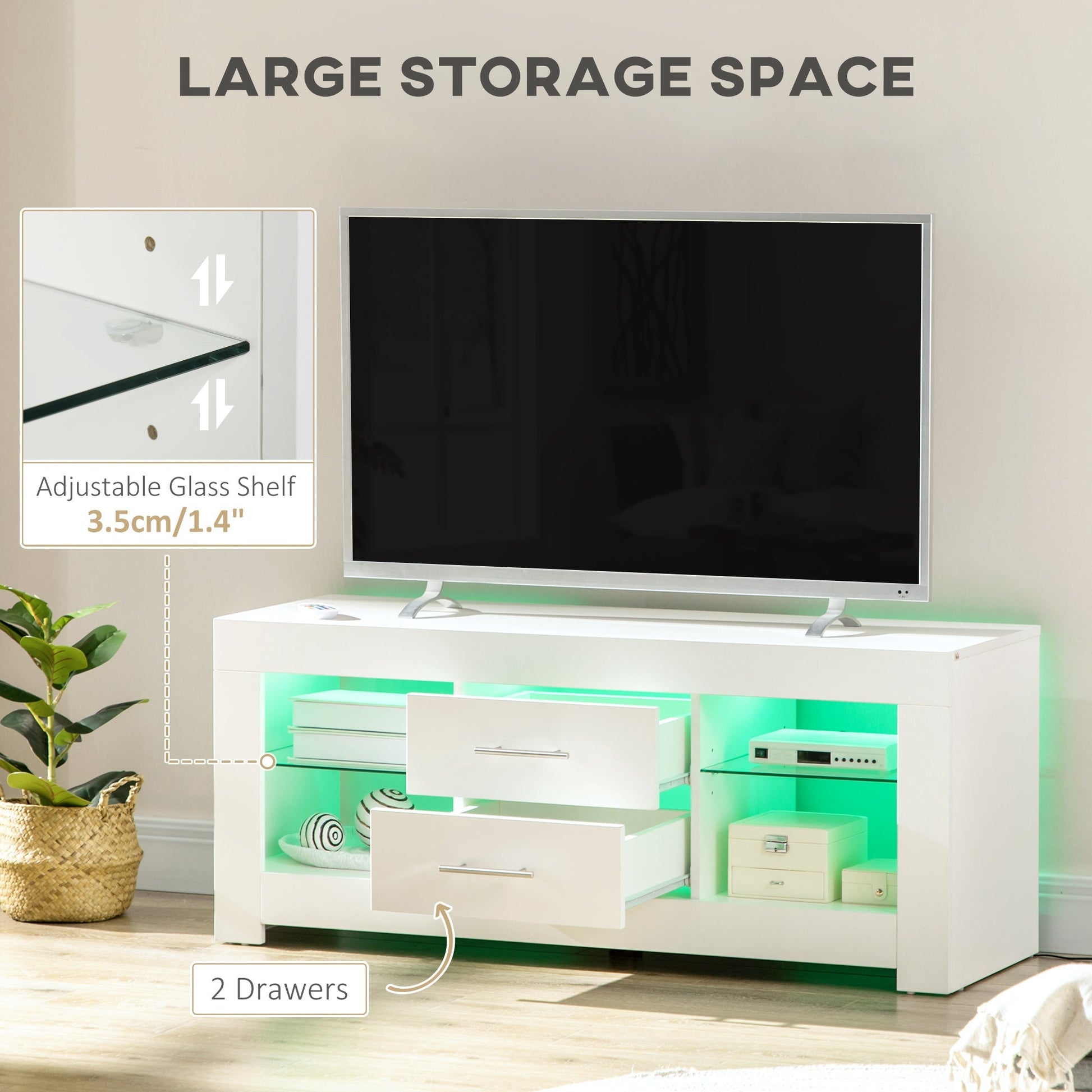 Mobile 55 "TV door with 12 -colored LED lights and remote control, wood and glass 120x40x50cm, white - Borgè