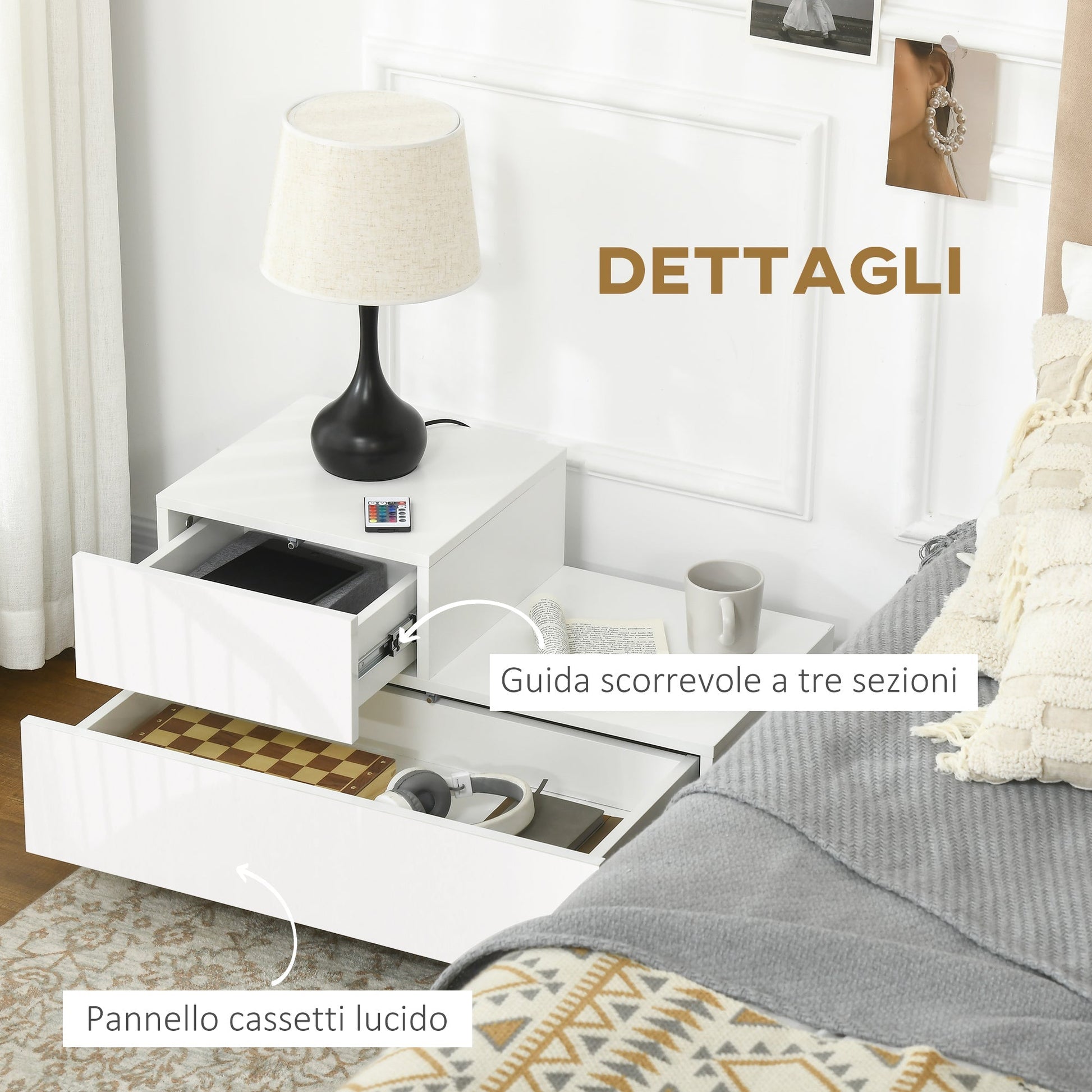 Homcom Modern bedside table with 16 RGB LED lights, remote control and two trooped drawers, 70x37x38cm, white - Borgè