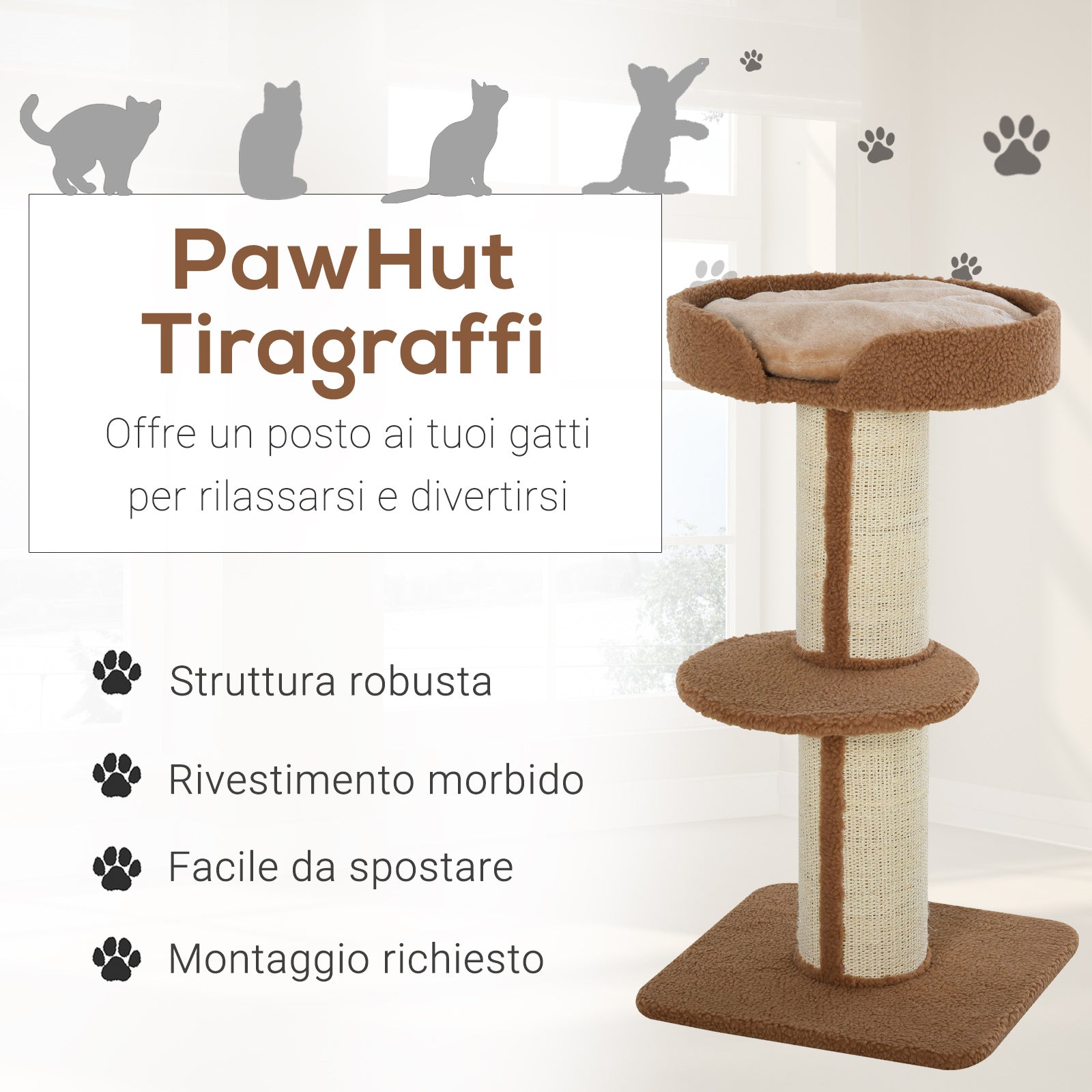 Cat Tree for cats with Scratch Pole with Bed, pillow, and soft coating- brown - Borgè