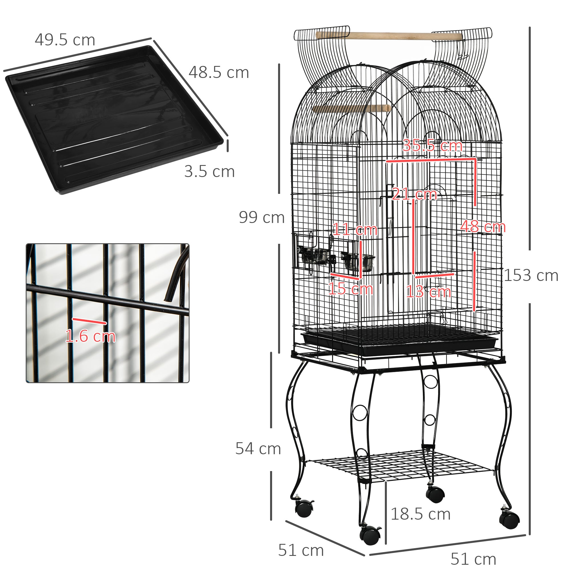 Pawhut cage for birds and canaries, aviary with black metal wheels 51x51x153cm - Borgè