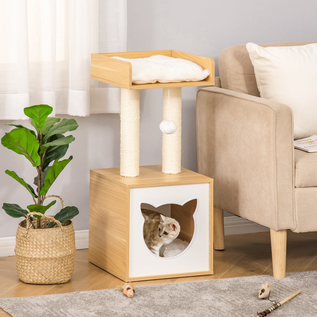 Cat Tree for cats with Scratch Pole in Sisal, washable cushions and ball, 35x35x81cm, oak - Borge' Group Limited