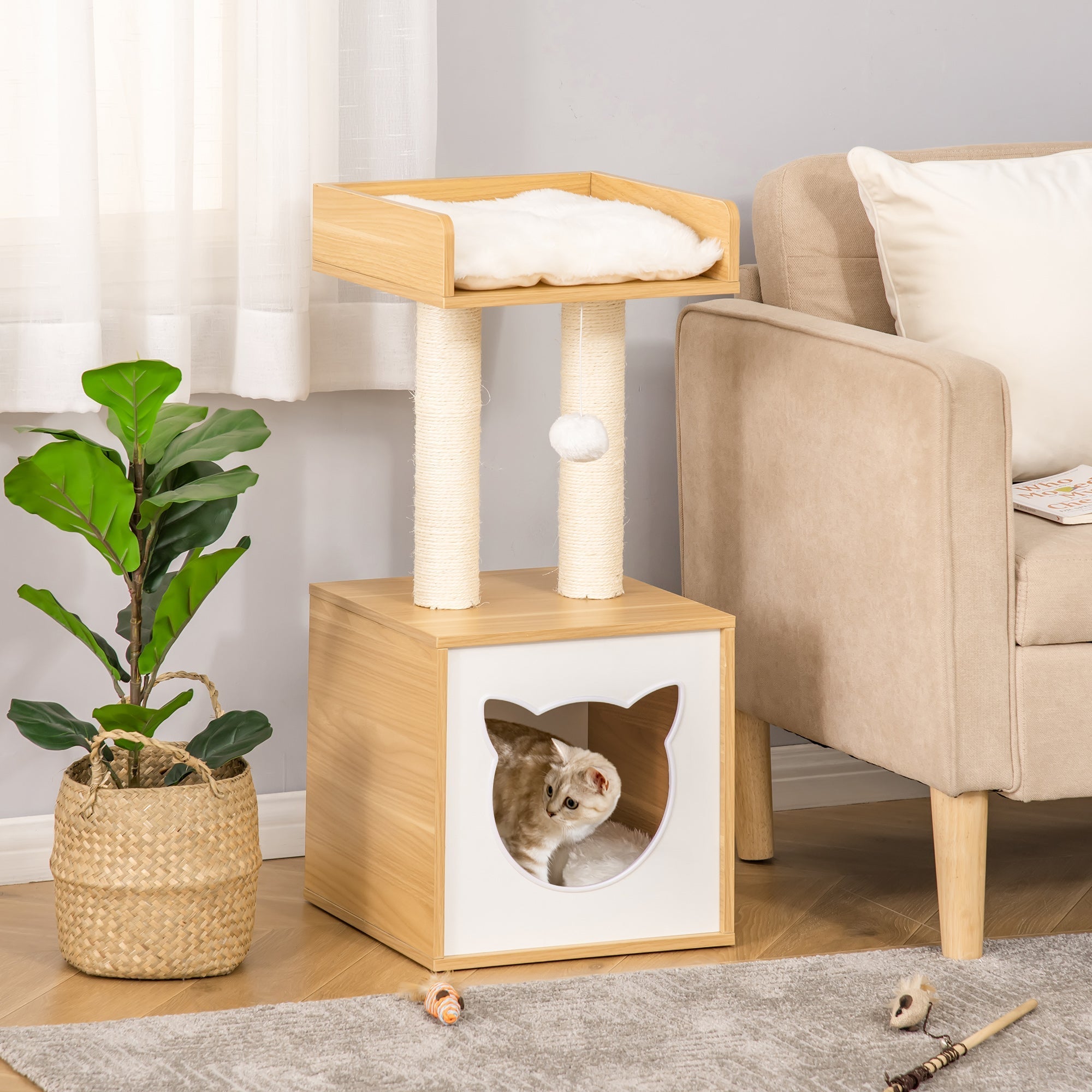 Cat Tree for cats with Scratch Pole in Sisal, washable cushions and ball, 35x35x81cm, oak - Borge' Group Limited