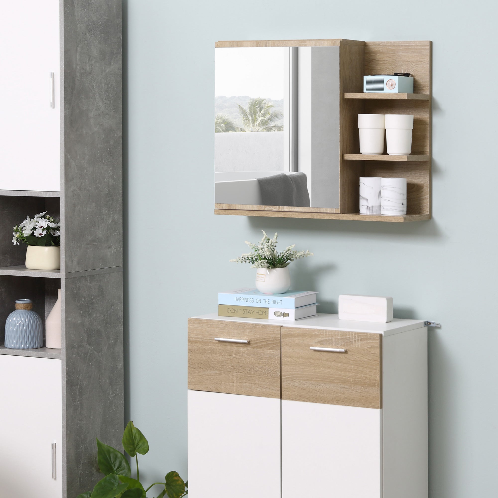 Kleankin Wall Bathroom Mirror With Door And 3 Wooden Side Shelves, 60x18x50cm - Borgè