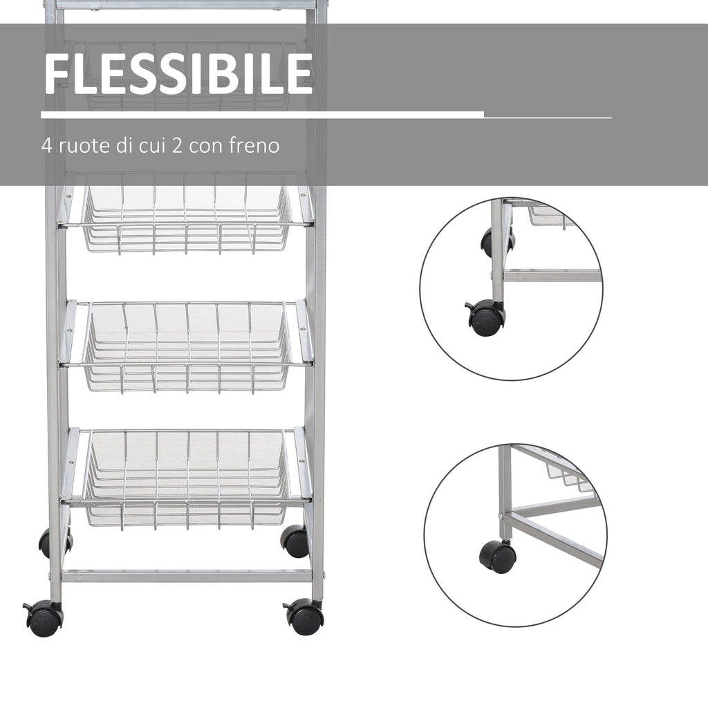 Kitchen Cart with removable steel and wheels, 36.5x36.5x89cm - Borgè