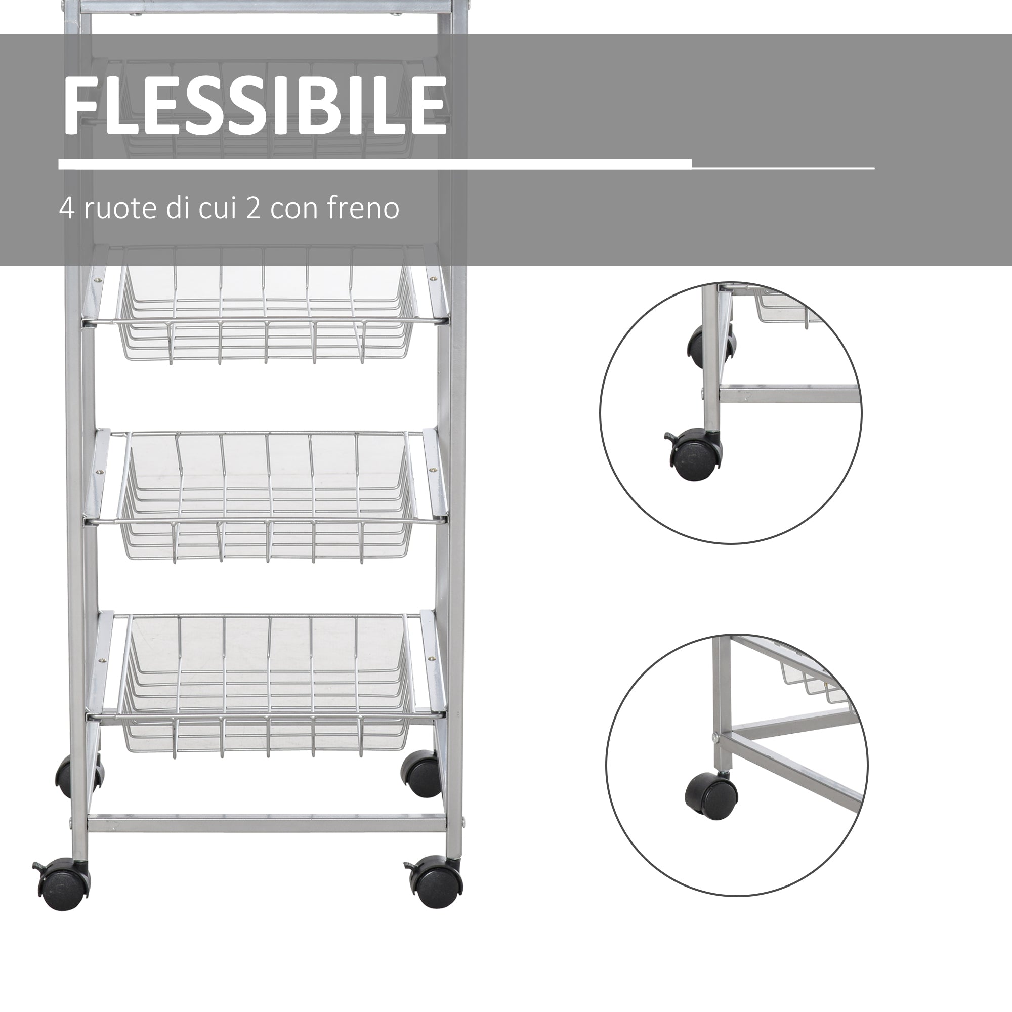 Kitchen Cart with removable steel and wheels, 36.5x36.5x89cm - Borgè