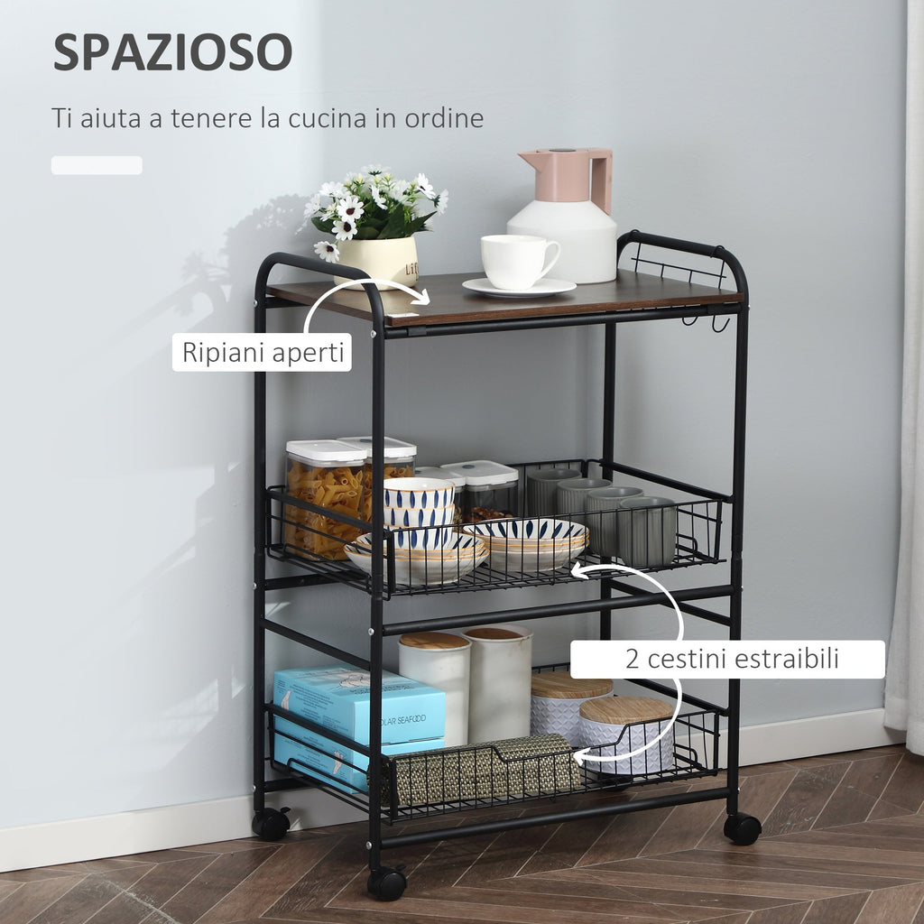 Kitchen Trolley Industrial Style spirits with 4 wheels, 2 baskets and 4 hooks, 60x38x85.5cm - brown/black - Borgè