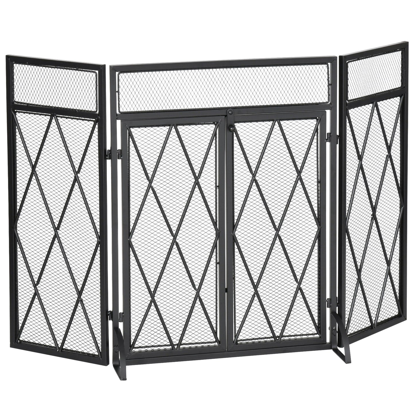 Metal Fireplace Fireplace Parascints with 3 Folding Panels and 2 Doors, 120x11.5x79cm - Black