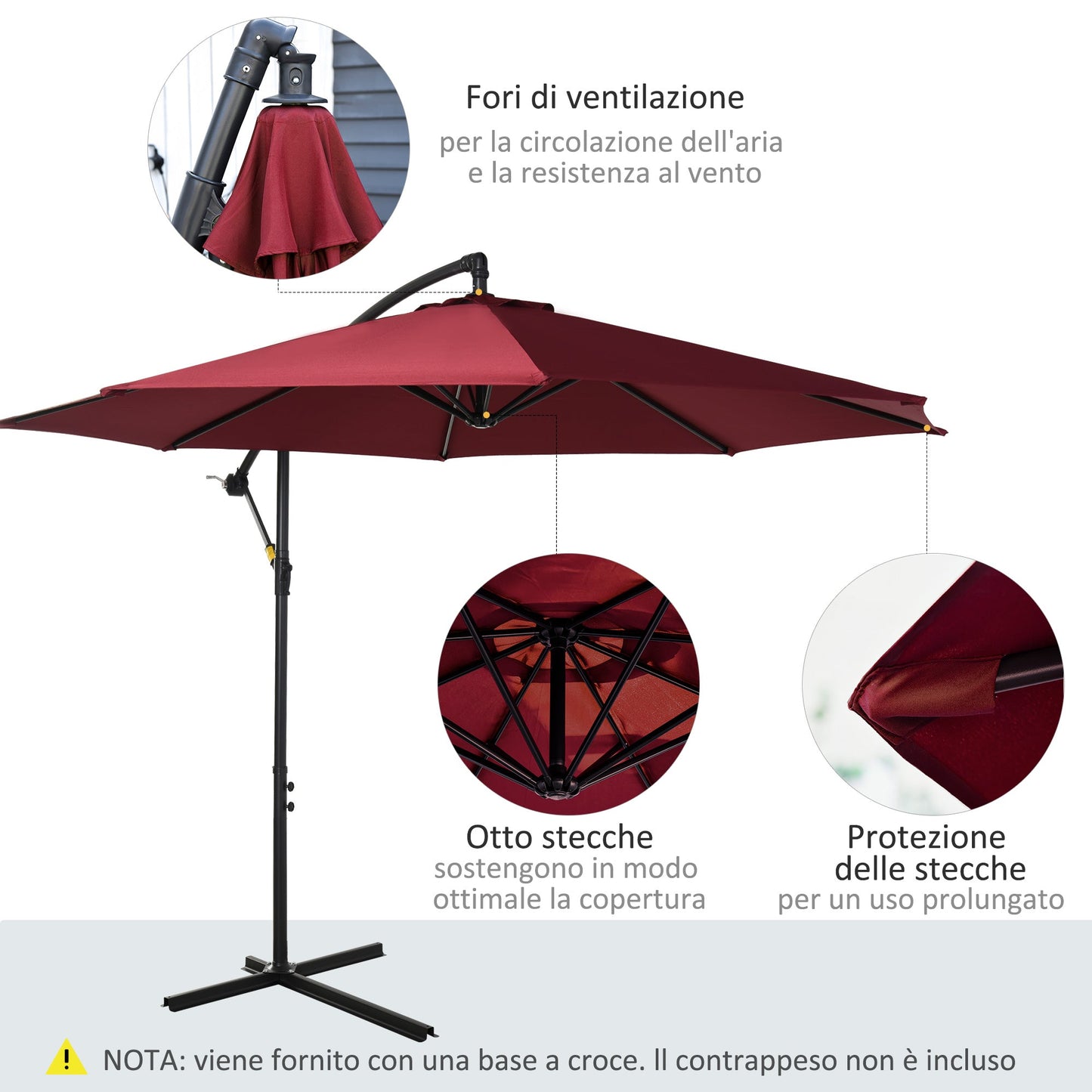 Outsunny exterior umbrella steel structure and anti-UV waterproof polyester φ300x250cm, dark red - Borgè