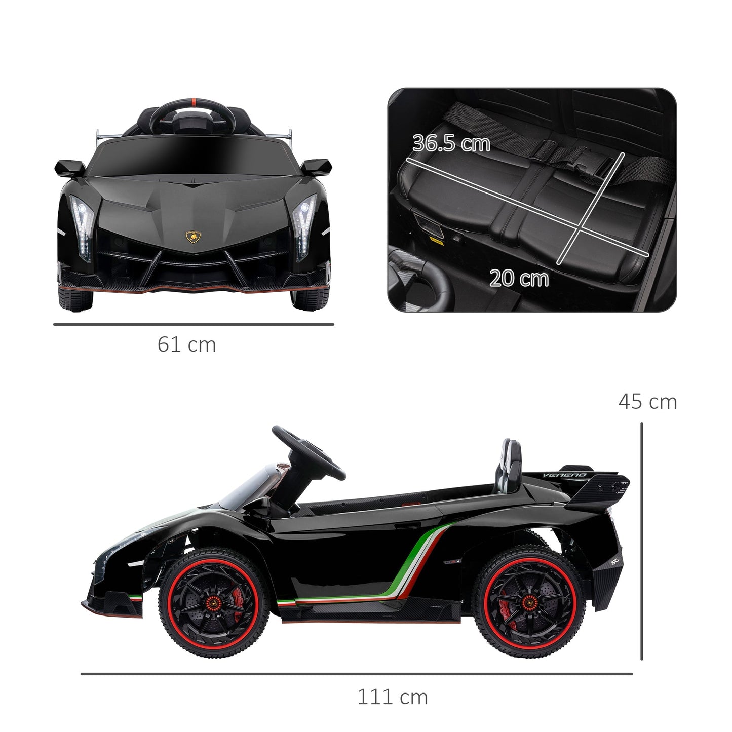 Black Lamborghini Veneno 12V Electric Car for Children with Remote Control, Age 3-6 Years - Borgè