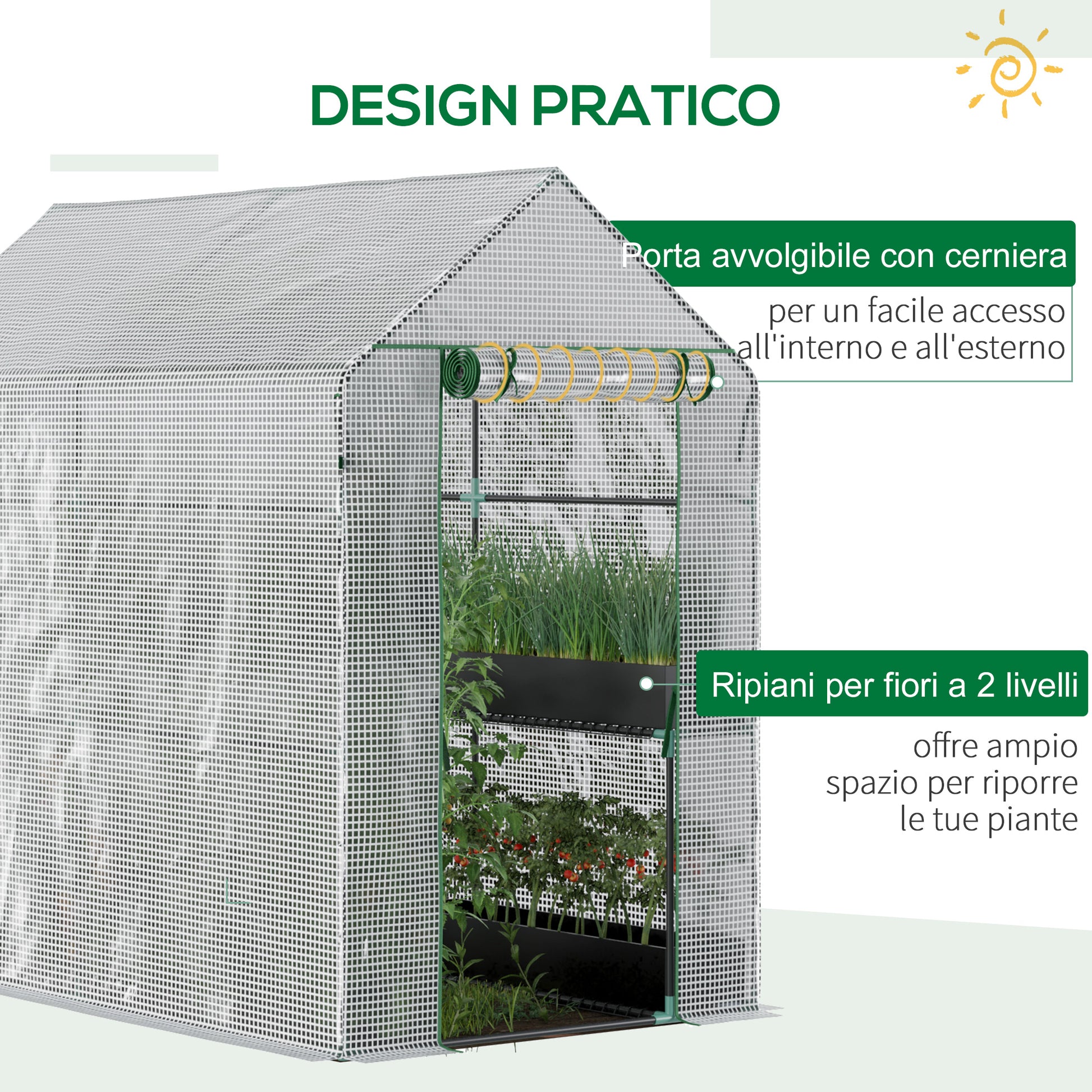 Outsunny greenhouse with house with pear cover, zipper door and 4 shelves, 186x120x190cm, white - Borgè