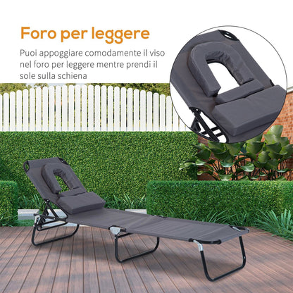 Outsunny outdoor deck chair with folding hole for the face and cushions, garden sunbathing, beach and camping, Grey - Borgè