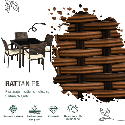 Outsunny outdoor sets in Rattan PE with table and 4 chairs with cushions, brown - Borgè