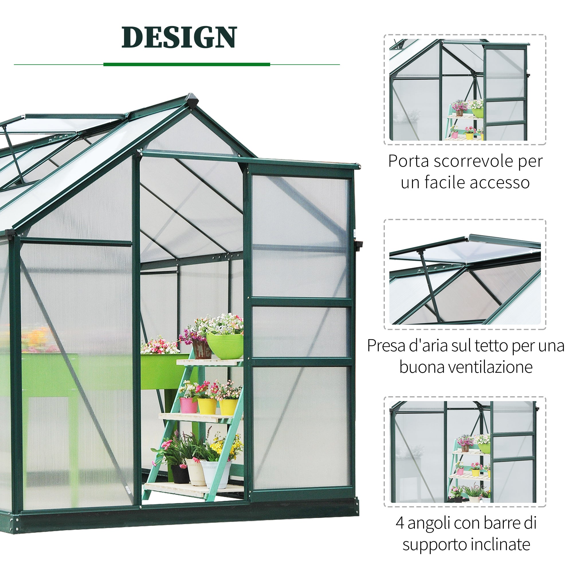 Anti-UV Polycarbonate Garden Greenhouse with Window and Sliding Door, 190x252x201cm - Borge' Group Limited