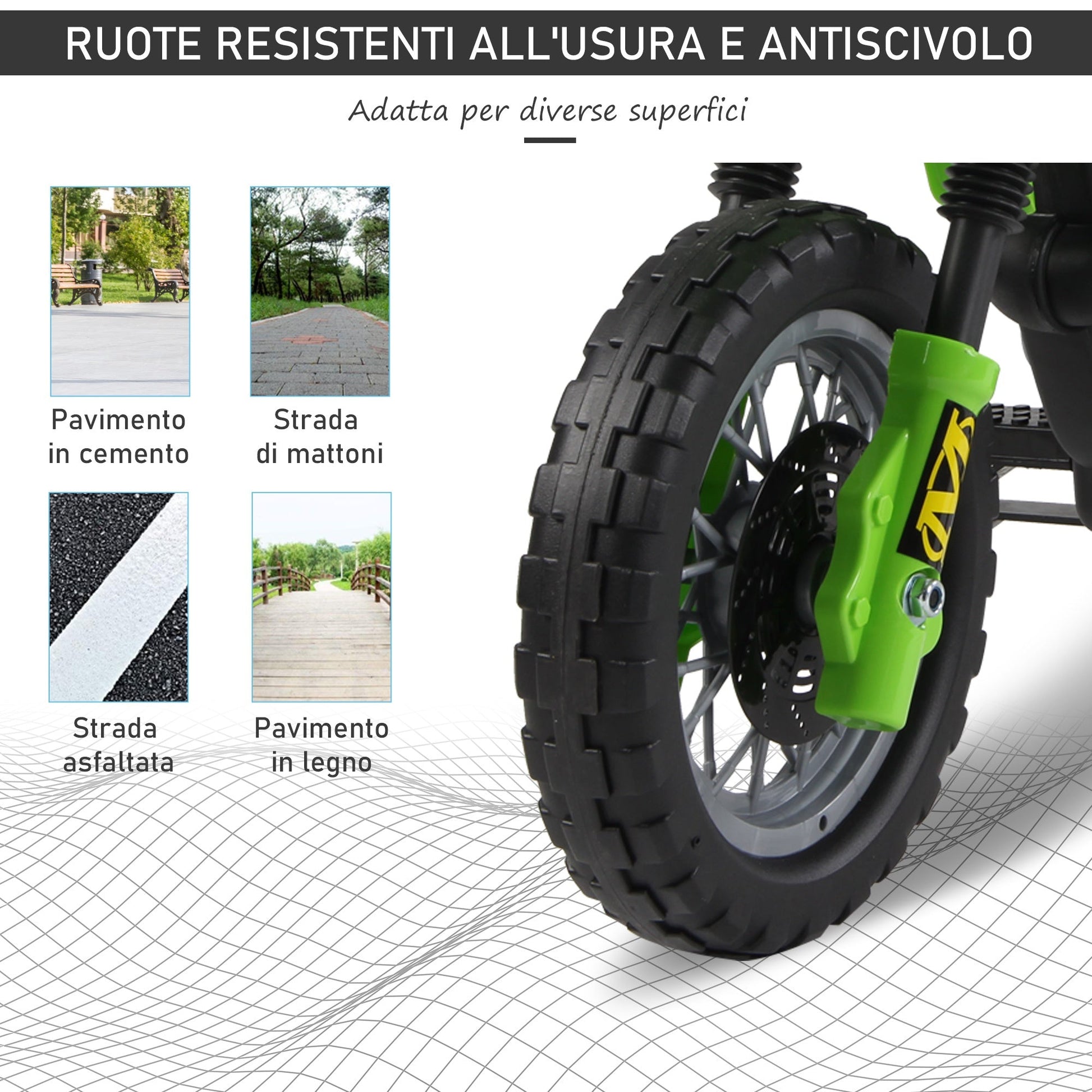 Moto Electric Cross with green wheels for children 3 years and more, 6v speed 6v 2.5km/h battery, 102 x 53 x 66cm - Borgè