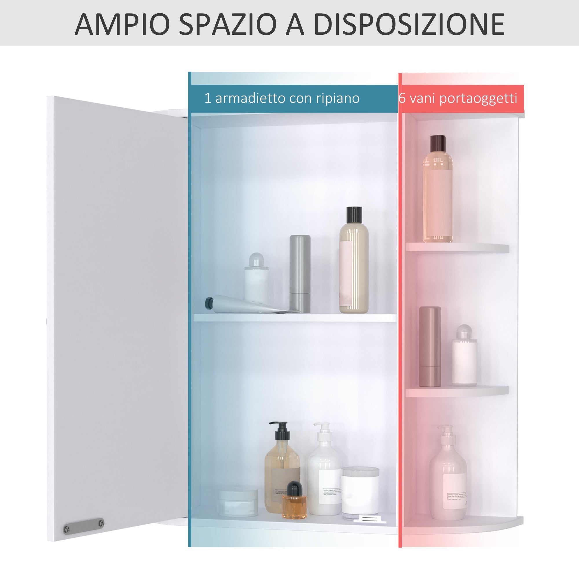 Wall cabinet with mirror and shelves for white wooden bathroom 66 x 17 x 63 cm - Borgè