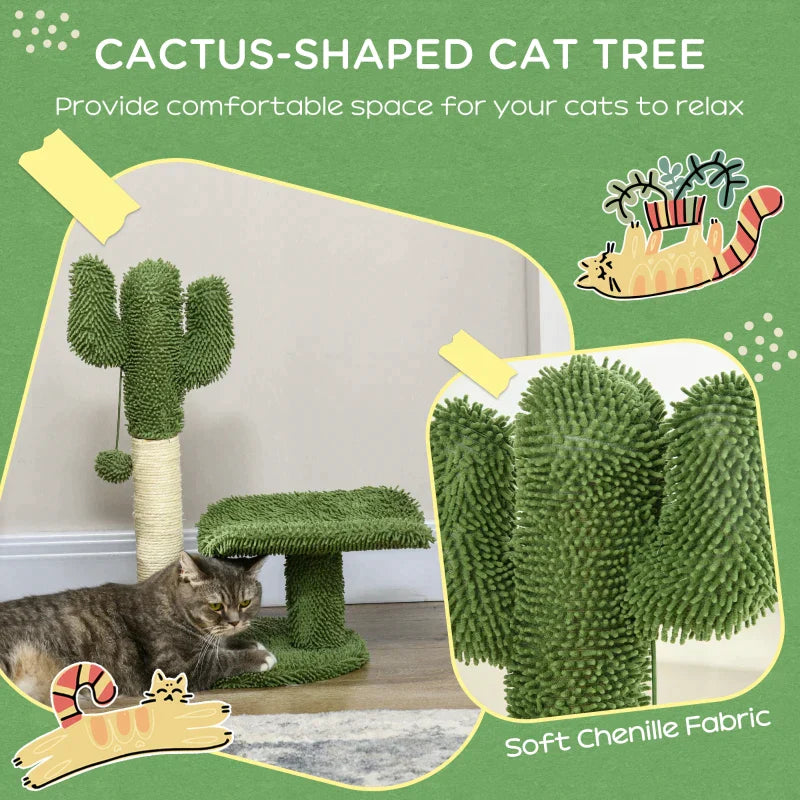 Green and white Cactus Shaped Cat Tree with playing ball | 35x31x55.5 cm - Borgè